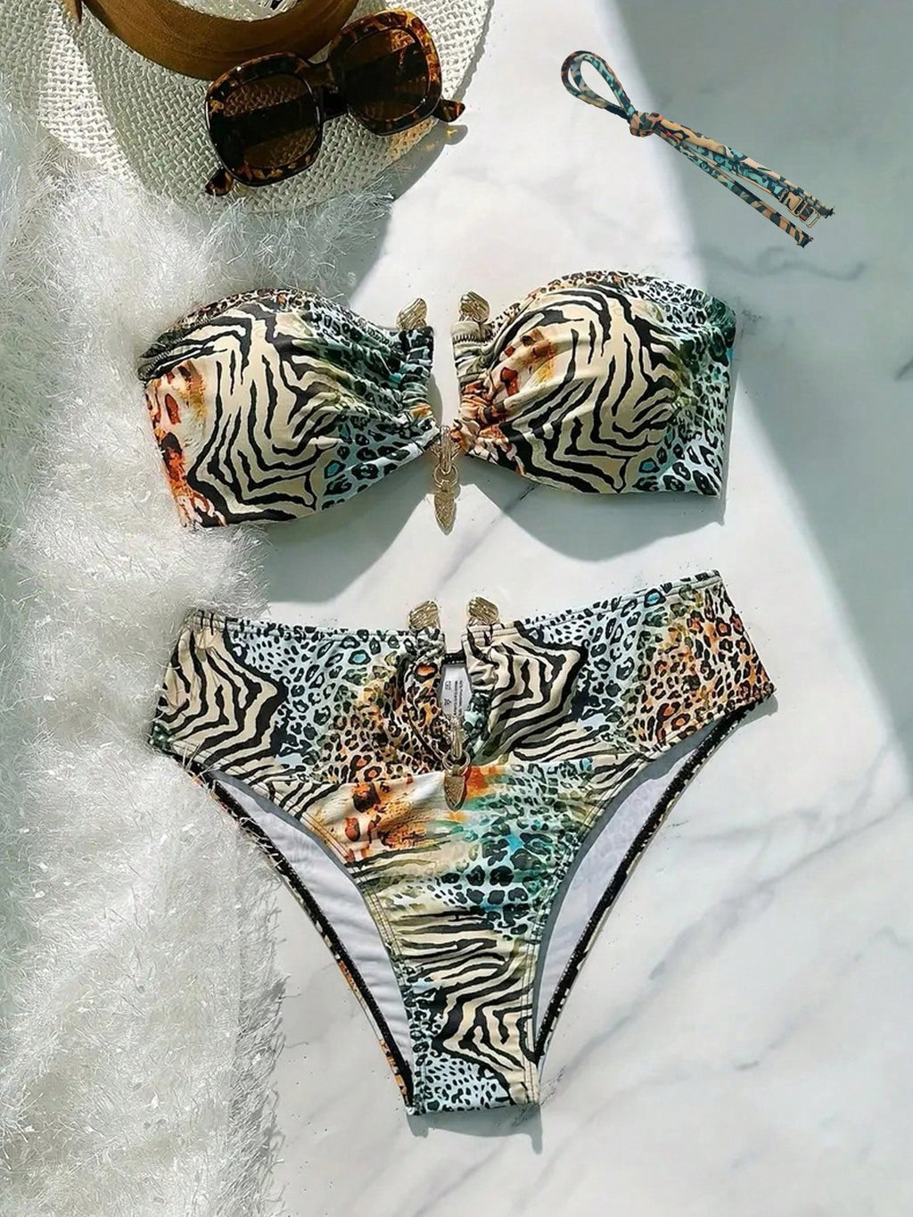 Swim SXY Sexy Ombre Leopard Print Gold Accessories Bandeau Bikini