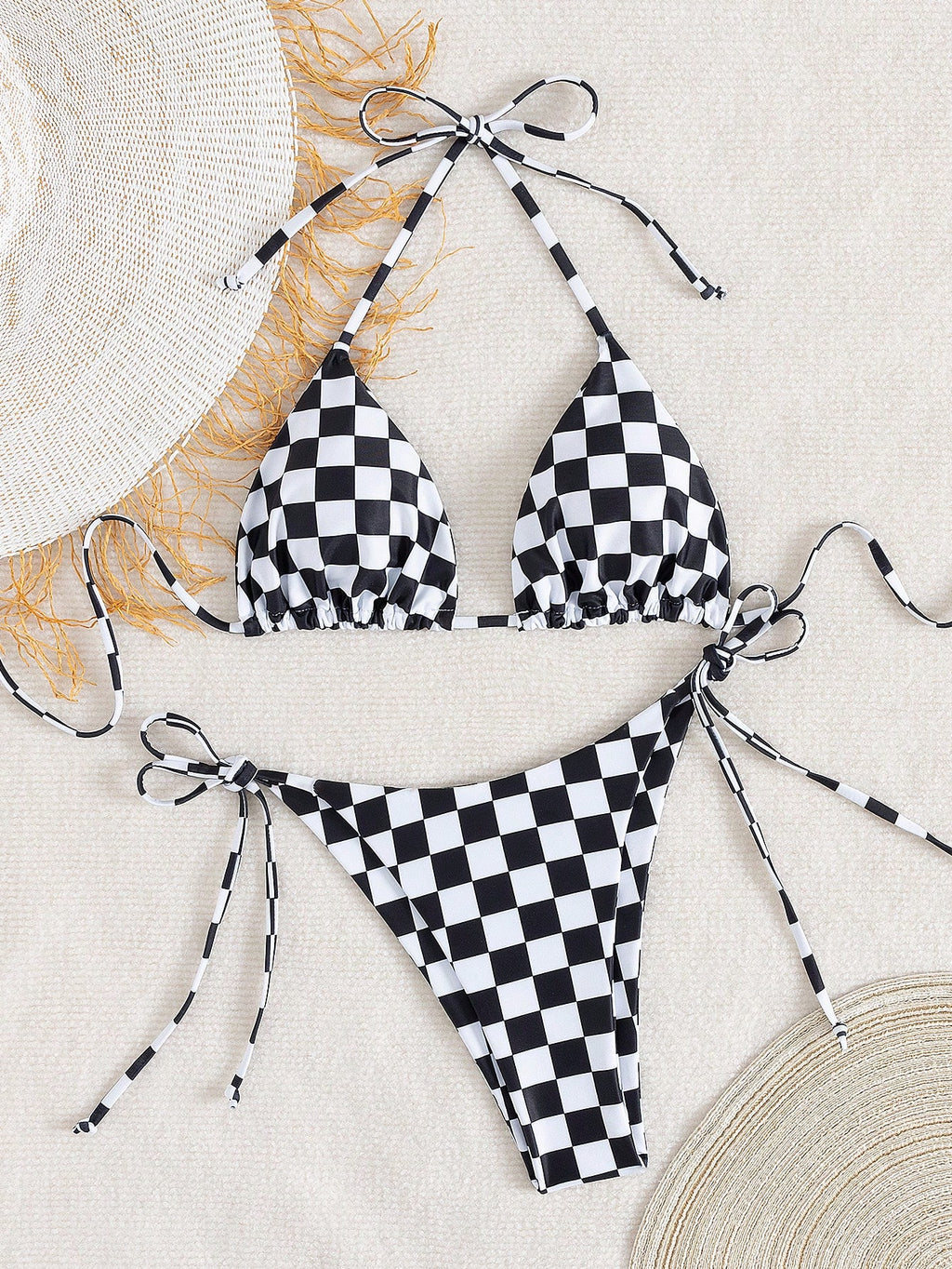 Summer Women's Striped Bikini Set, Halter Neck Tie Backless Swimwear, High Elast
