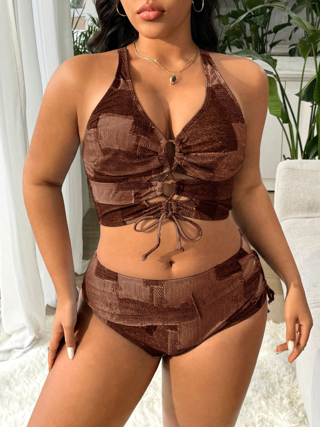 Slaydiva Plus Size Women's Contrast Color Tie-Up Design Sexy Bikini Swimwear Set, For Summer Beach Vacation - image 3