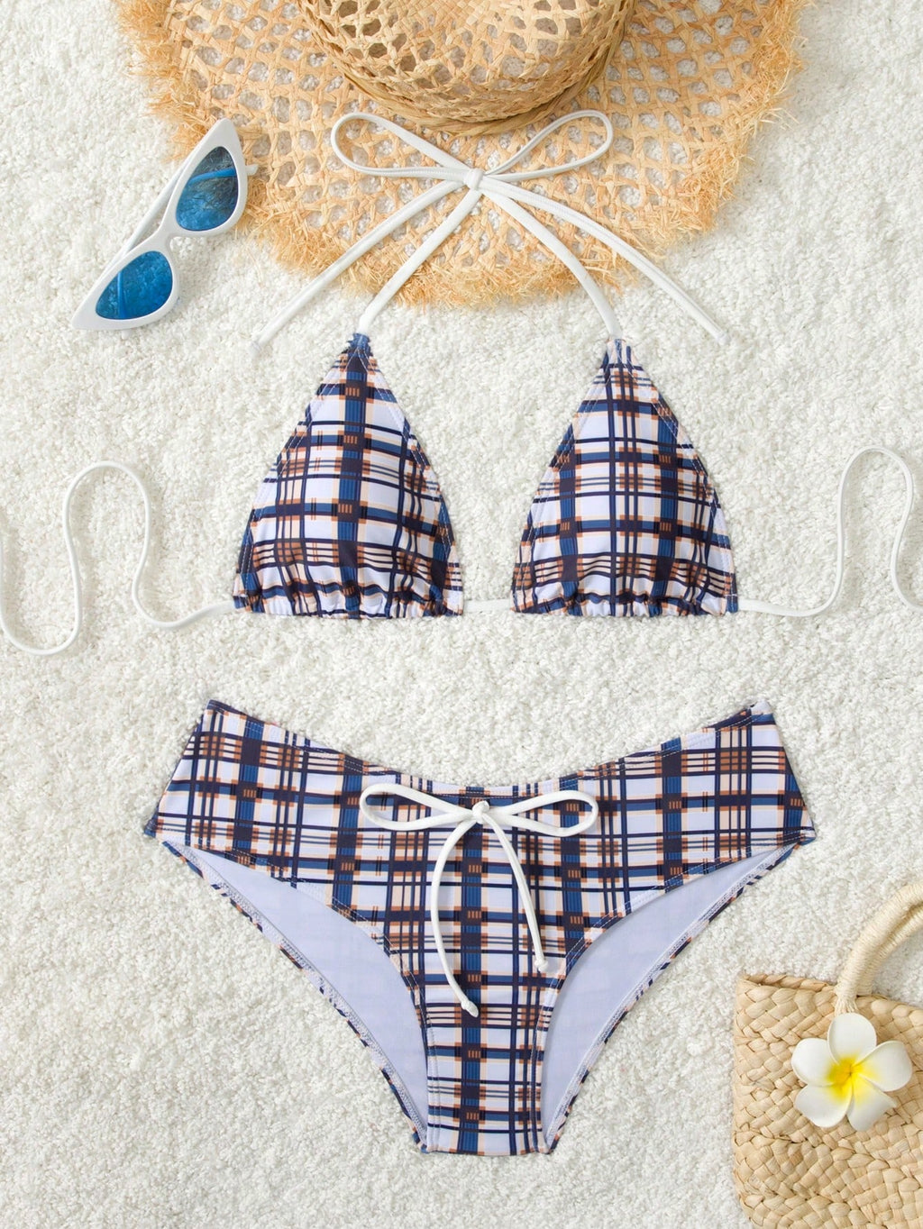 Women's Plaid Print Bikini Set With White Bow Accent, Beach Vacation