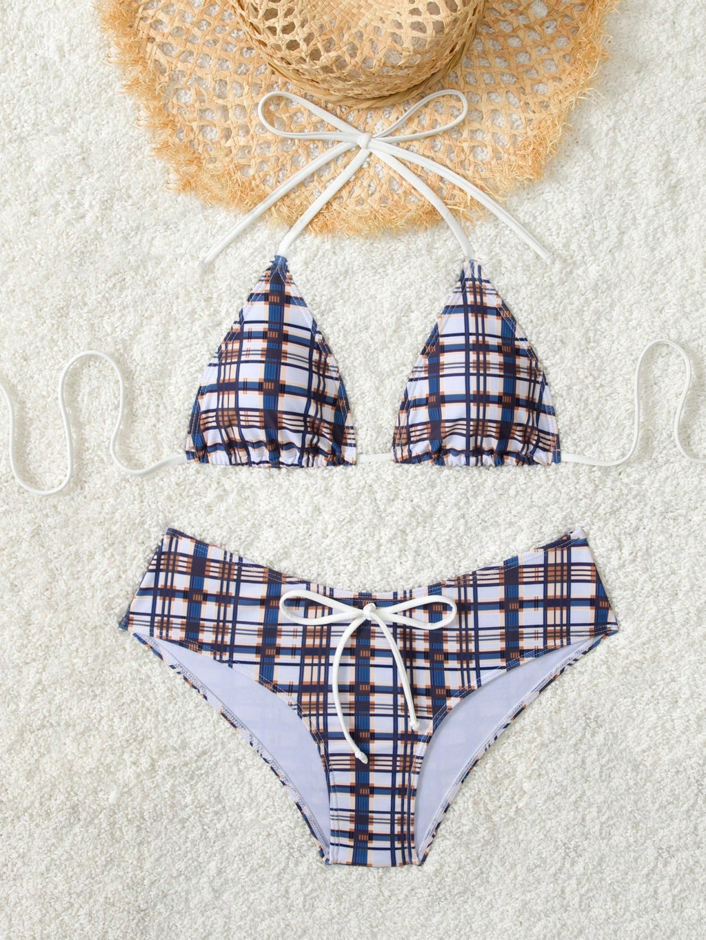 Women's Plaid Print Bikini Set With White Bow Accent, Beach Vacation