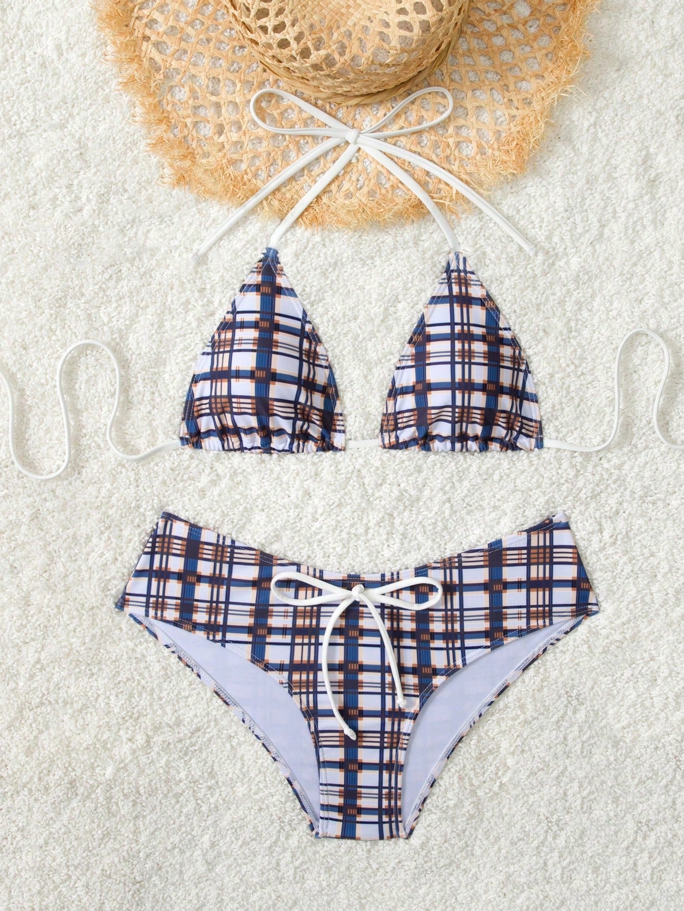 Women's Plaid Print Bikini Set With White Bow Accent, Beach Vacation