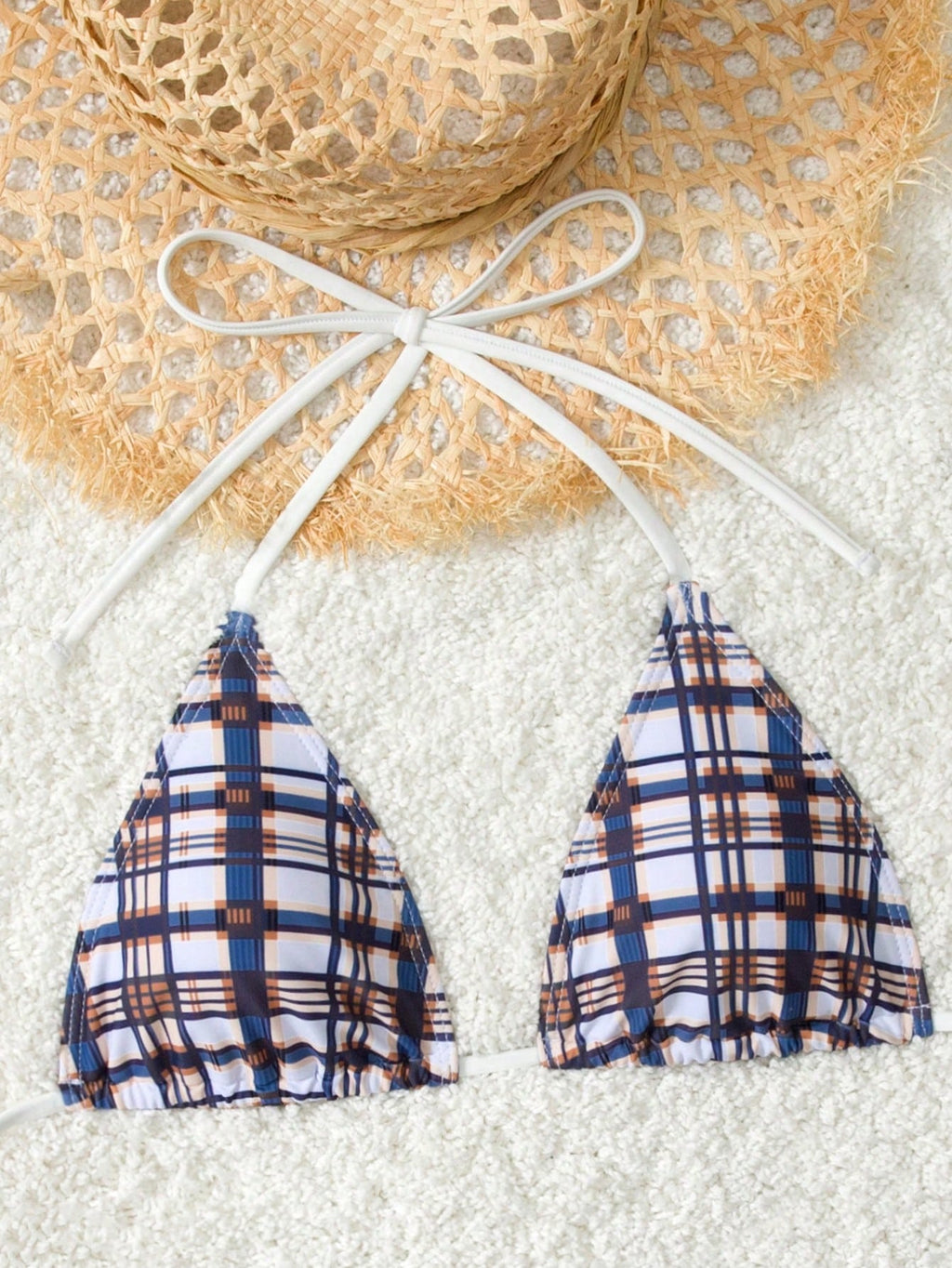 Women's Plaid Print Bikini Set With White Bow Accent, Beach Vacation
