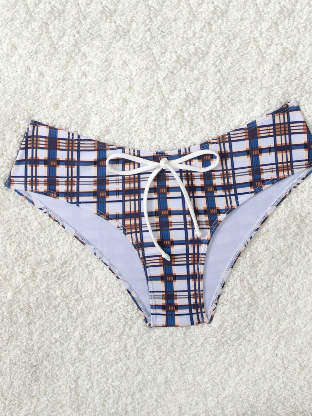 Women's Plaid Print Bikini Set With White Bow Accent, Beach Vacation