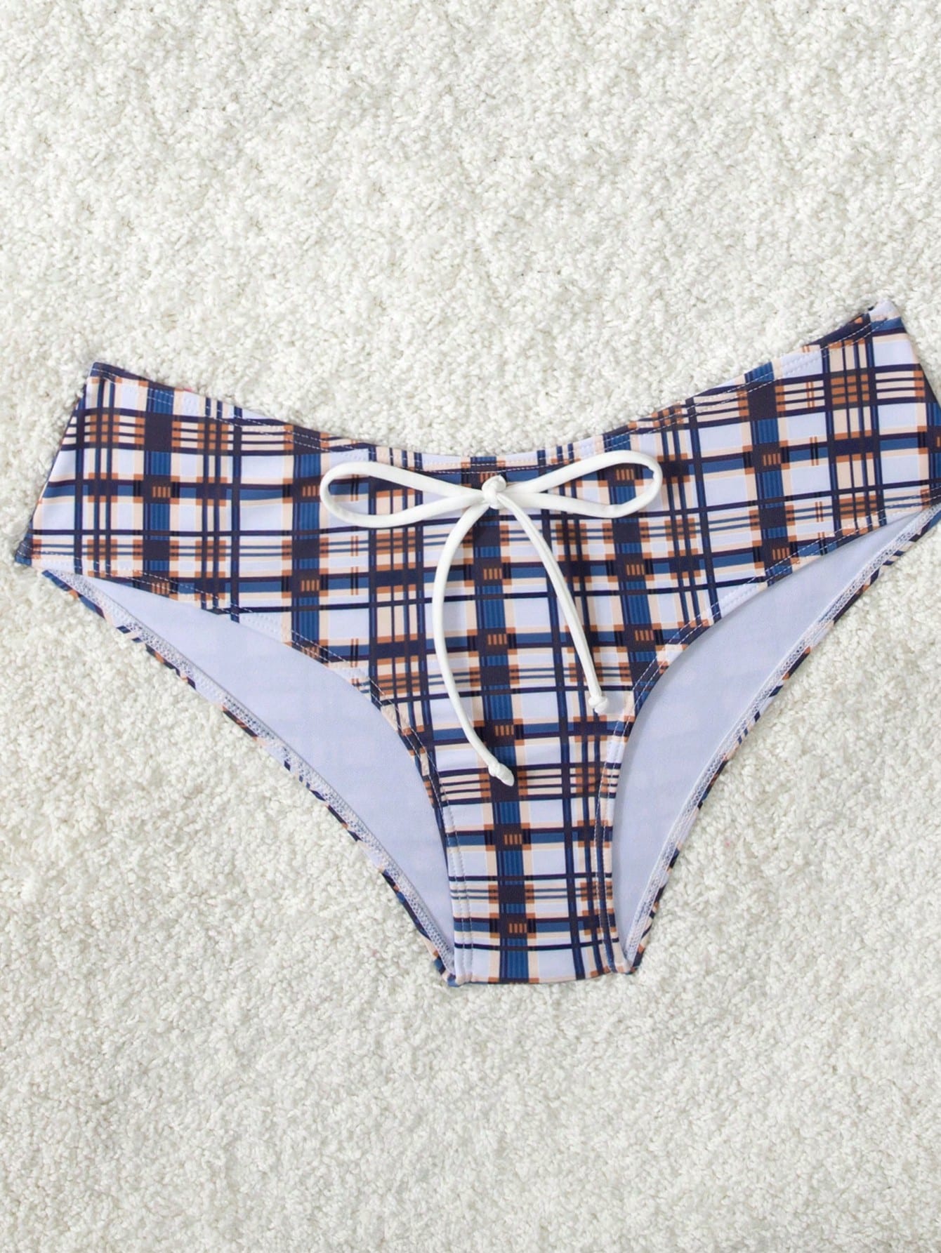 Women's Plaid Print Bikini Set With White Bow Accent, Beach Vacation