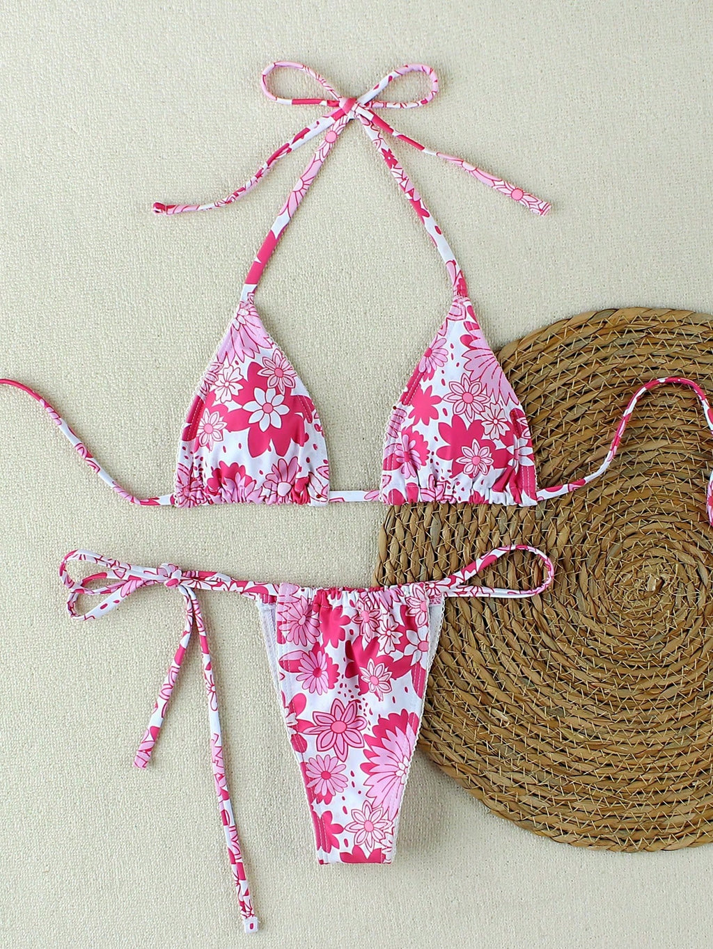 New Arrival Blue Floral Print Bikini Set With Bow Decor, Elegant Sexy Swimwear F