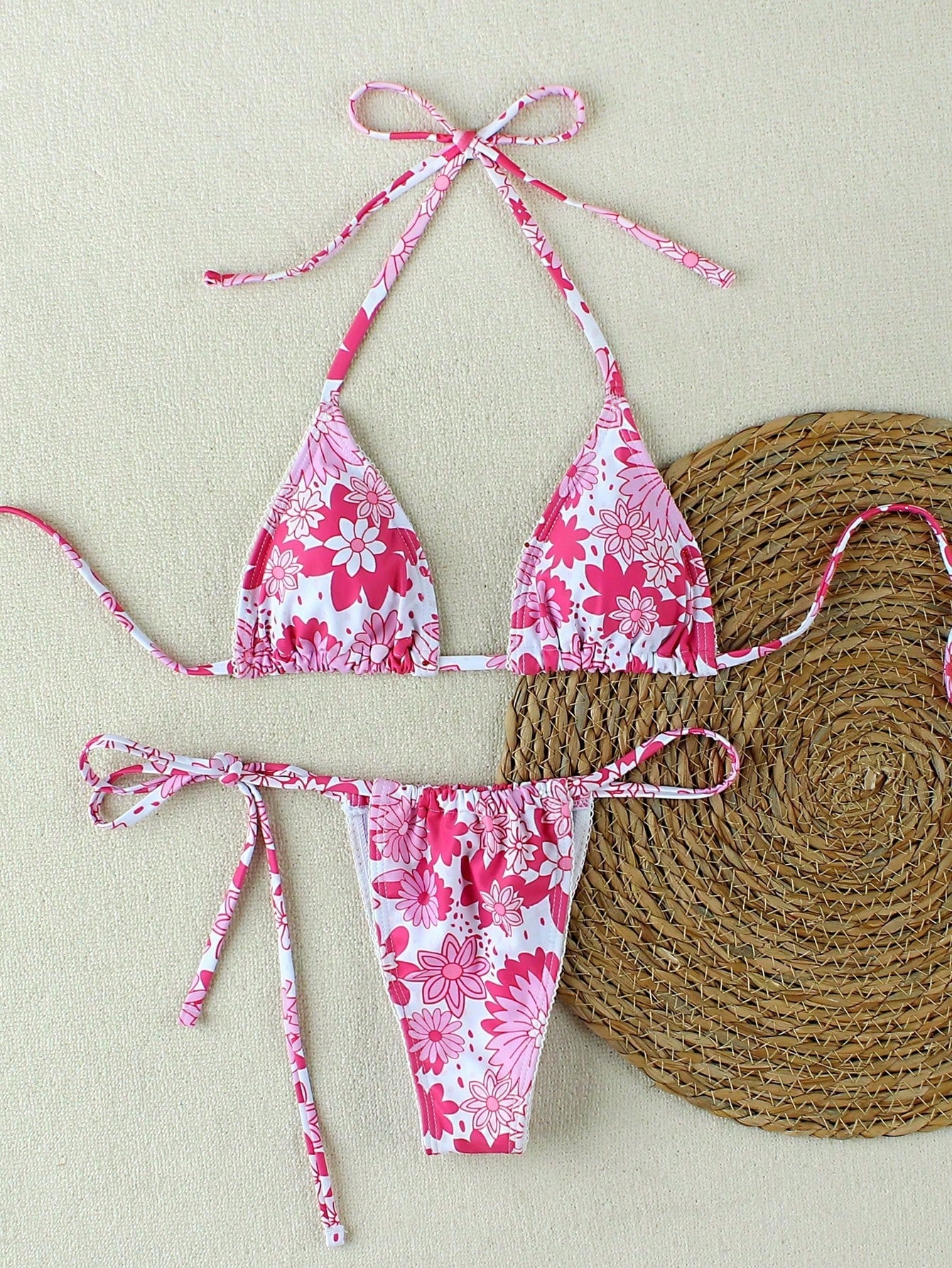 New Arrival Blue Floral Print Bikini Set With Bow Decor, Elegant Sexy Swimwear F