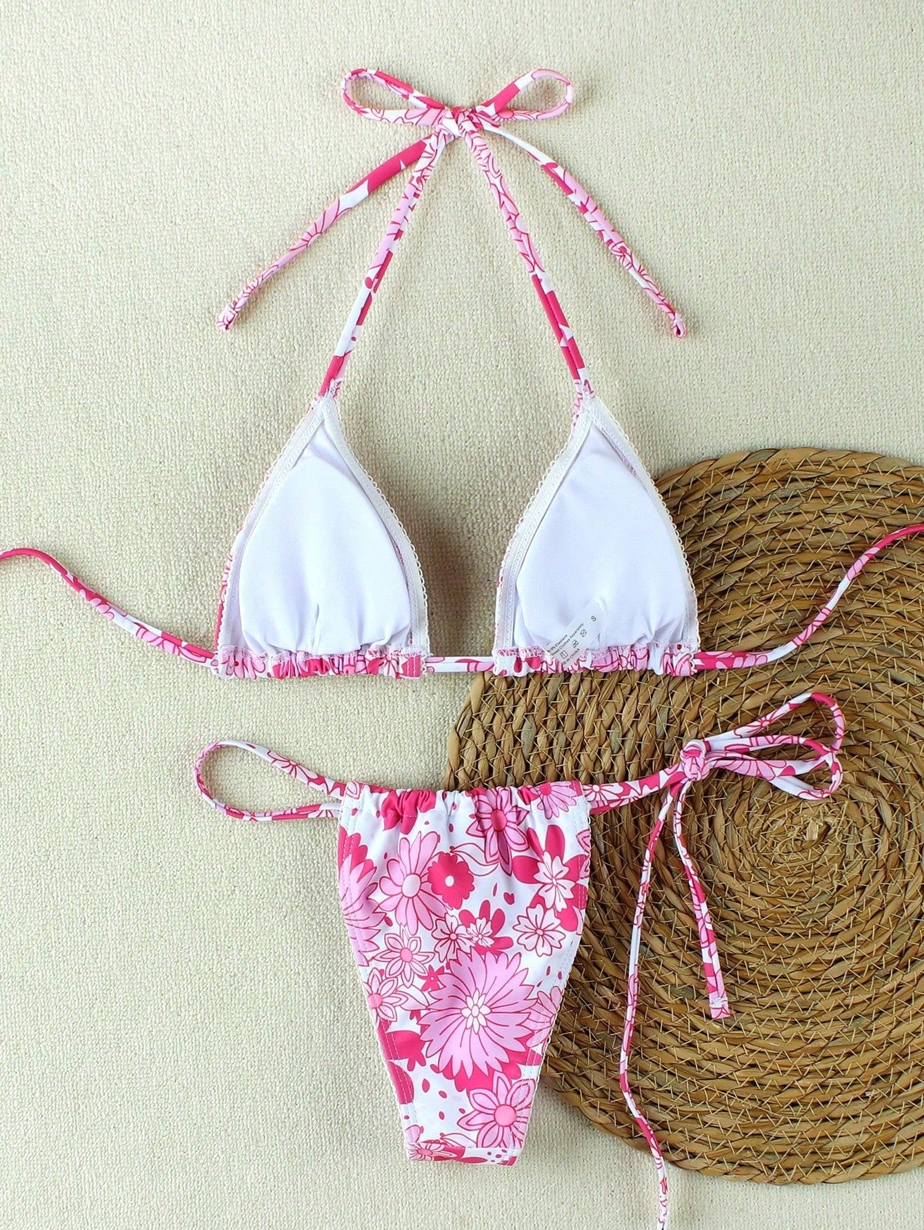 New Arrival Blue Floral Print Bikini Set With Bow Decor, Elegant Sexy Swimwear F