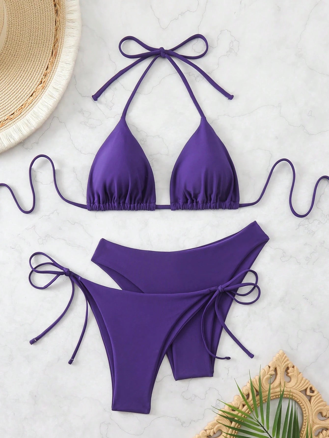 Swim Chiccia 3pcs/Set Women's Solid Ruffled Halter Bikini Set &