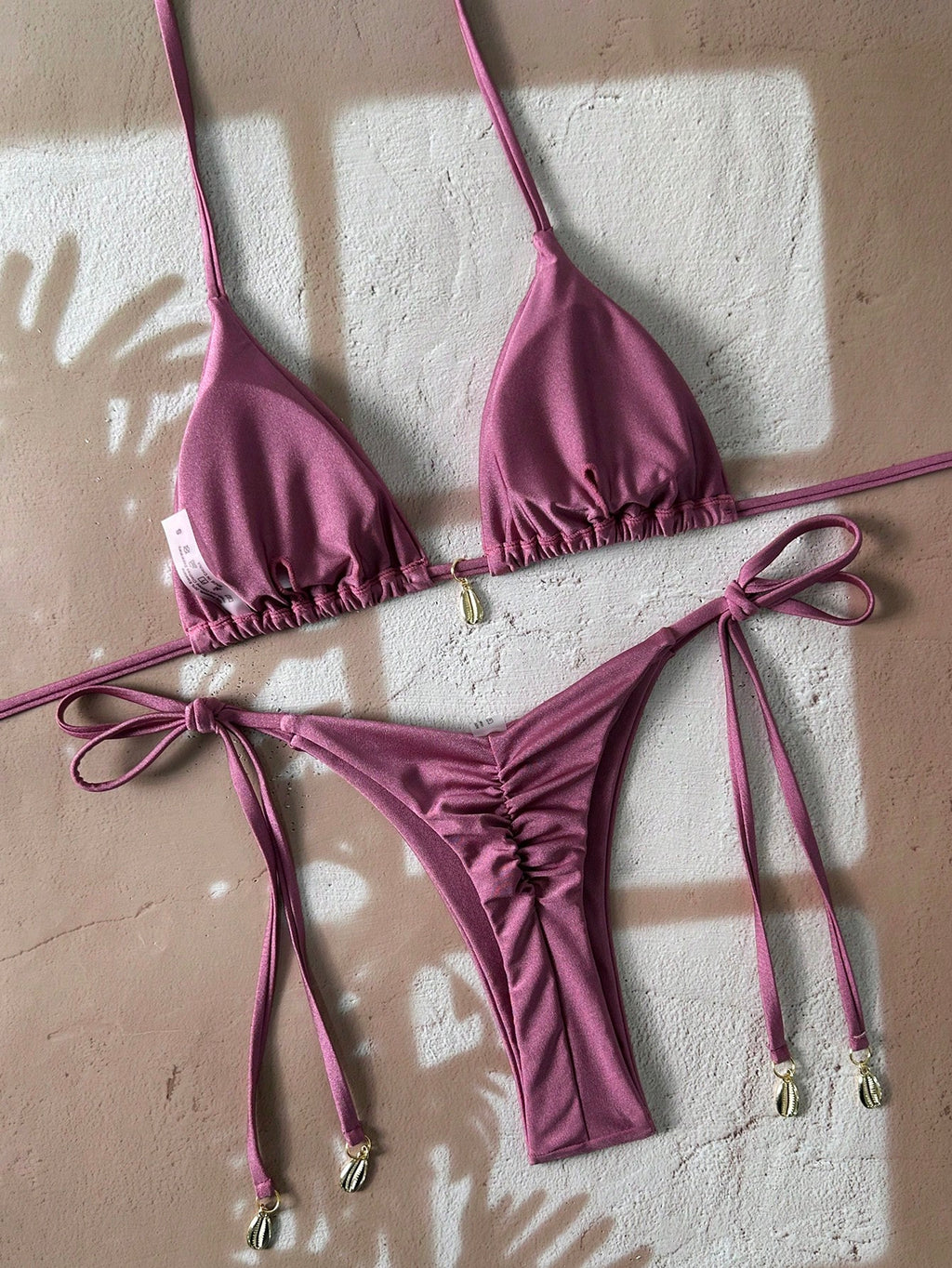 Swim Vcay Springbreak Women's Shell Print Halter Tie Bikini Set,Pink