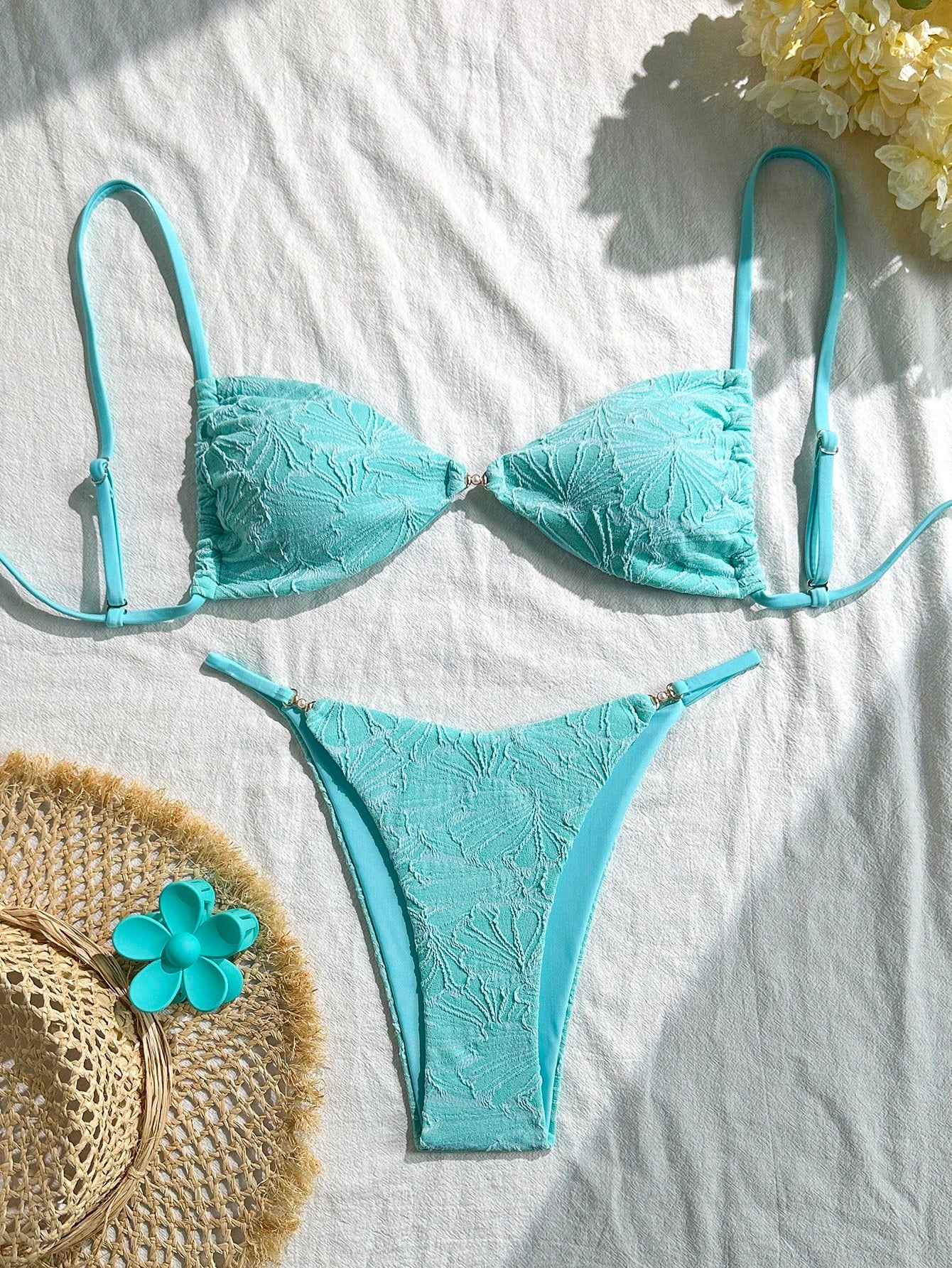 Swim Vcay 2pcs/Set Summer Vacation Textured Fabric, Spaghetti Strap