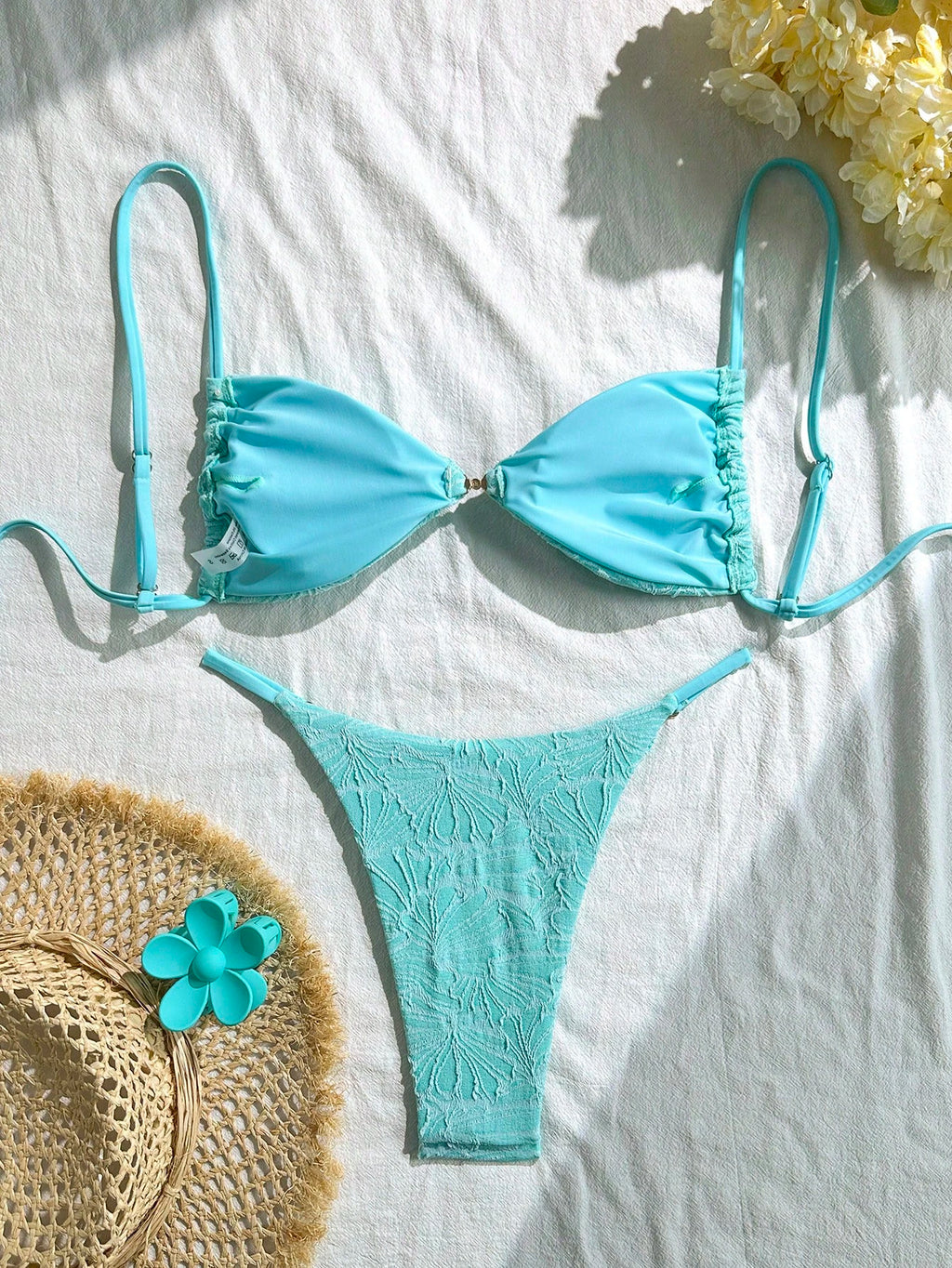 Swim Vcay 2pcs/Set Summer Vacation Textured Fabric, Spaghetti Strap