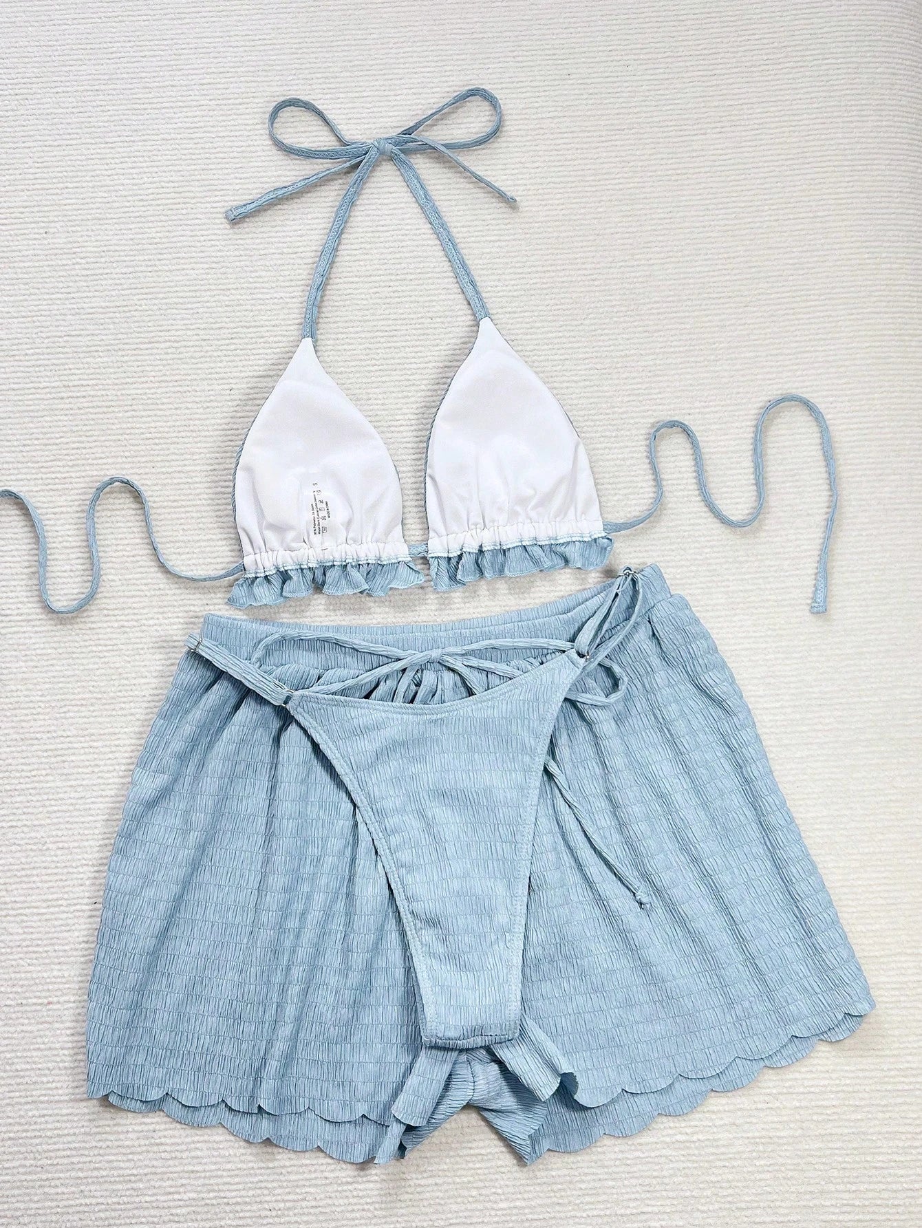Swim Vcay Women Summer Beach Solid Frill Trim Halter Neck Simple And Stylish Bik