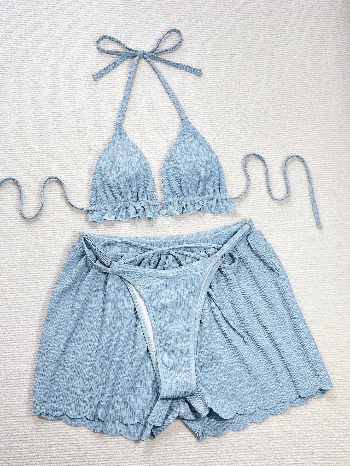 Swim Vcay Women Summer Beach Solid Frill Trim Halter Neck Simple And Stylish Bik