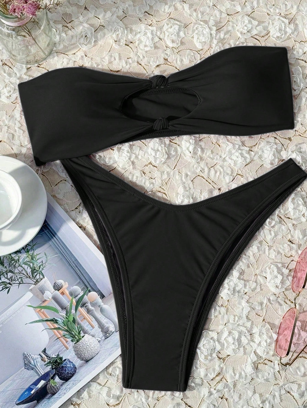 Swim Mod Women's Summer Beach Solid Color Wireless Ruched Bikini Top