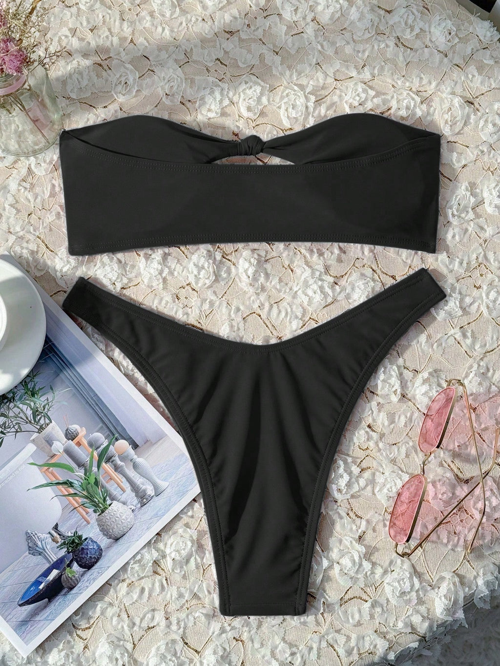 Swim Mod Women's Summer Beach Solid Color Wireless Ruched Bikini Top