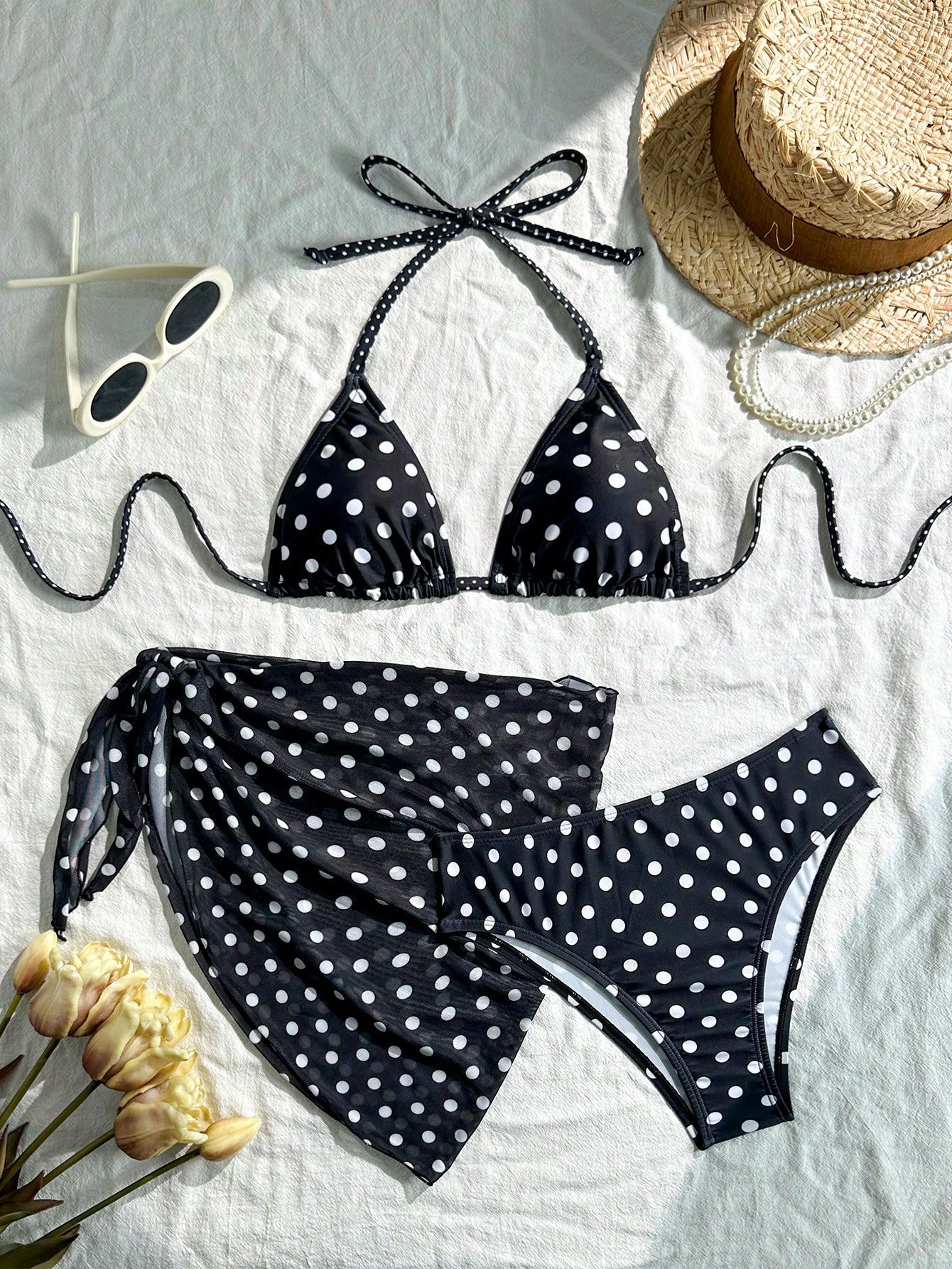 Swim Mod Women's Beach Vacation Polka Dot Print Halter Neck Tie Back