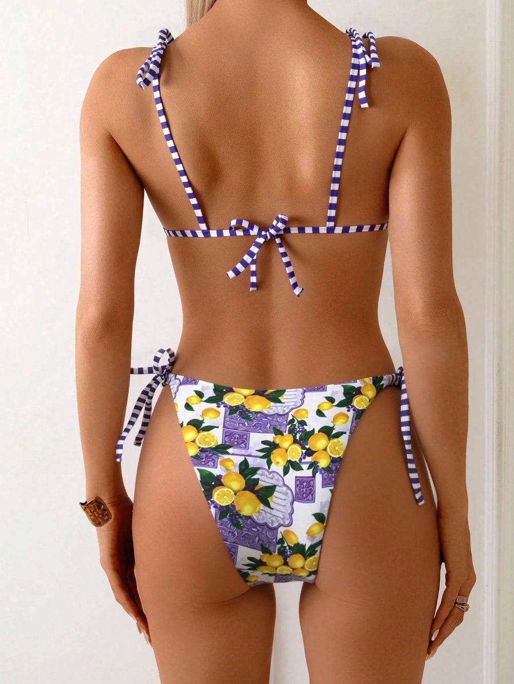 Swim Vcay Women Beach Summer Music Festival Bowknot Stripe Lemon Printed Knot Cu