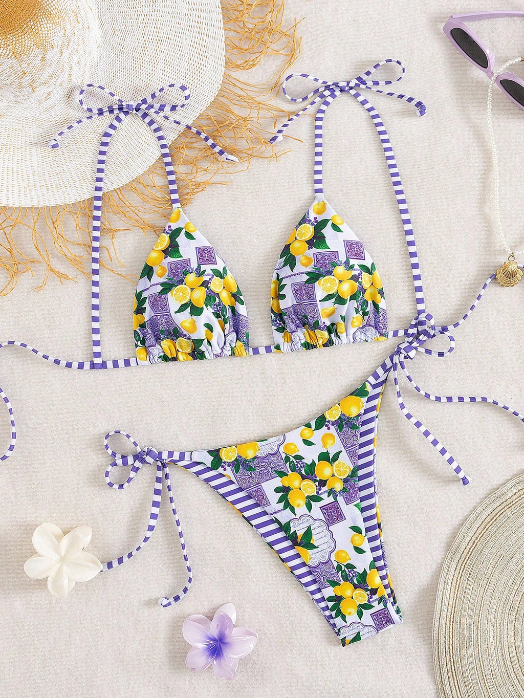 Swim Vcay Women Beach Summer Music Festival Bowknot Stripe Lemon Printed Knot Cu