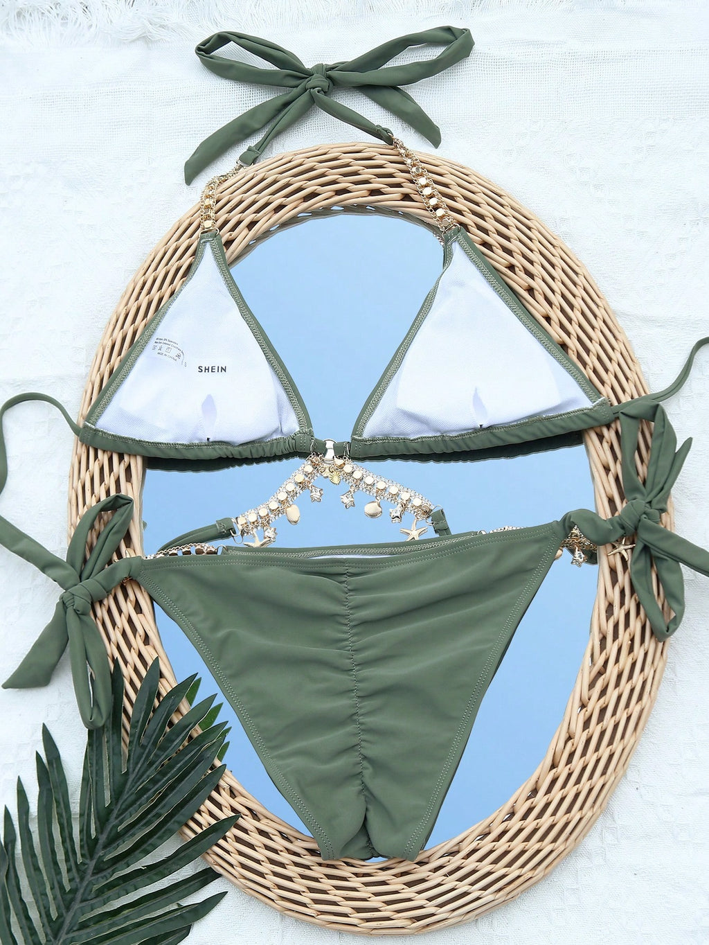 Swim Summer Beach Chain Linked Halter Triangle Tie Side Bikini Set