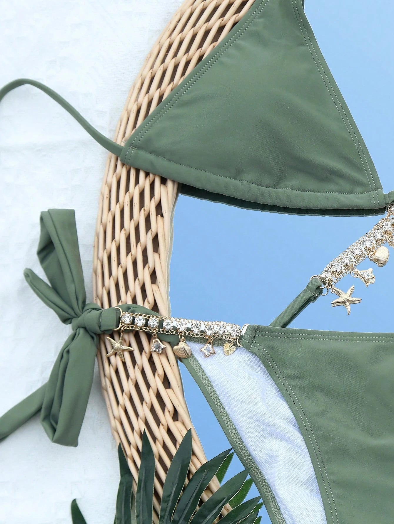 Swim Summer Beach Chain Linked Halter Triangle Tie Side Bikini Set