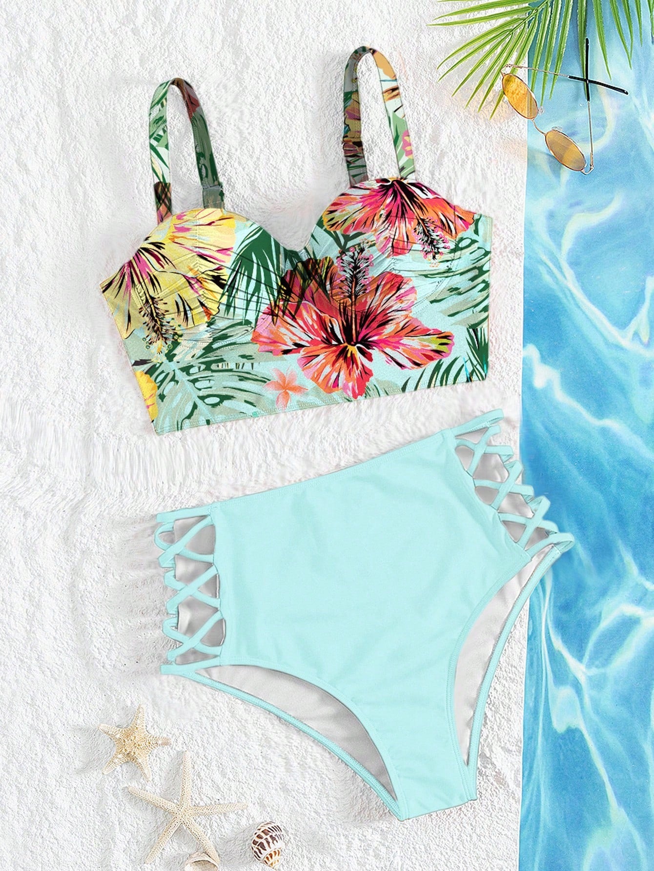 Swim Lushoire Summer Beach Tropical Print Bikini Set Underwire Push Up Cami Top & Criss Cross High Waisted - image 6