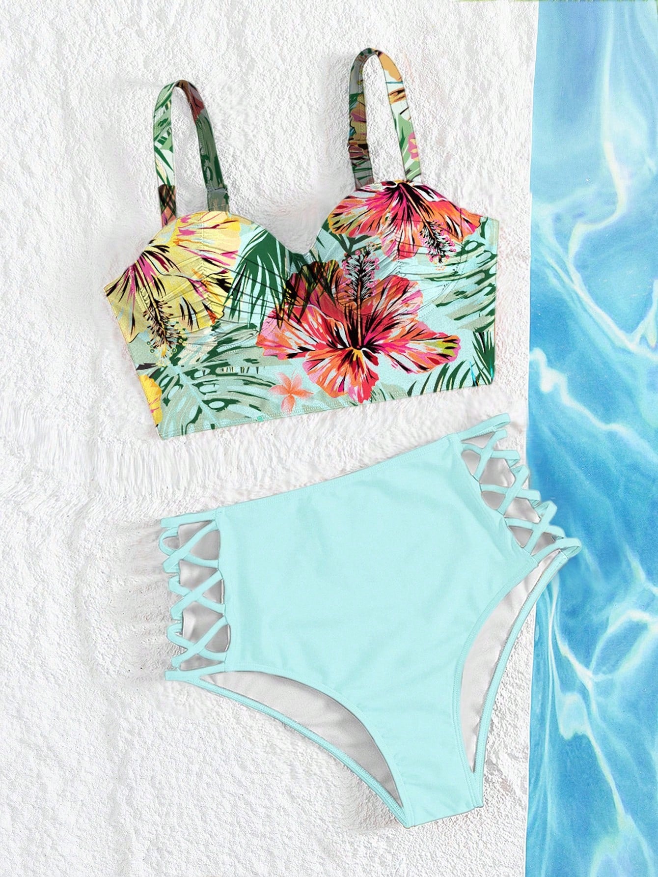 Swim Lushoire Summer Beach Tropical Print Bikini Set Underwire Push Up Cami Top & Criss Cross High Waisted - image 9