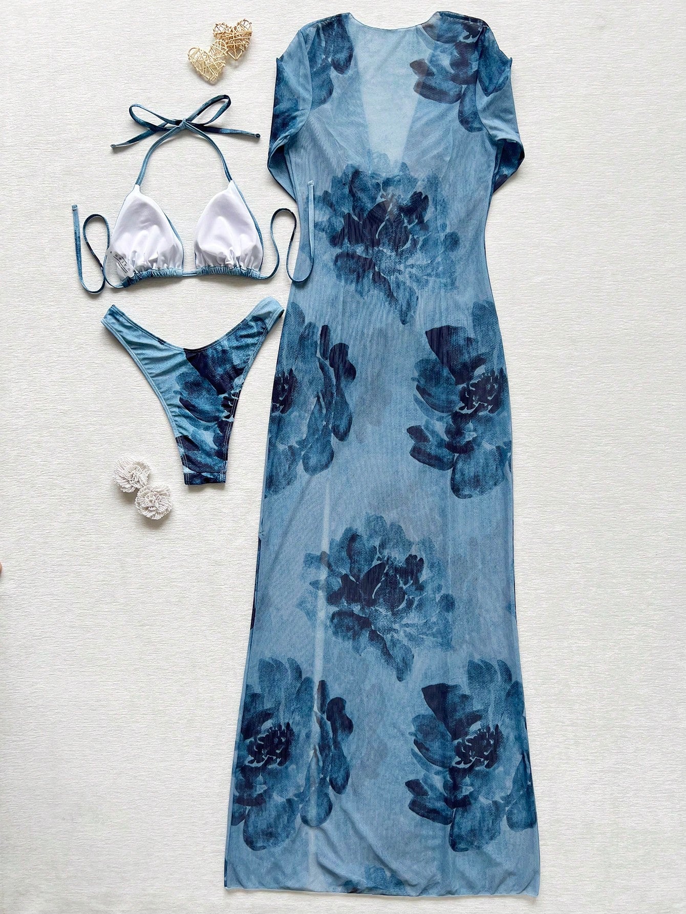 Women's Floral Printed V-Neck Long-Sleeve Slit Dress. Slim Waist
