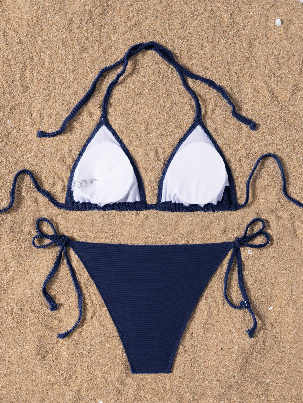 Swim Basics Summer Beach Women's Solid Color Halter Neck Tie Sexy