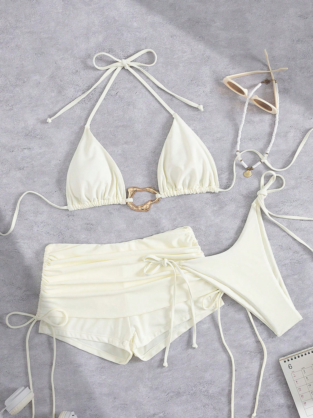 3pcs Solid Color Bikini Swimwear Set, Spaghetti Strap Halter Backless