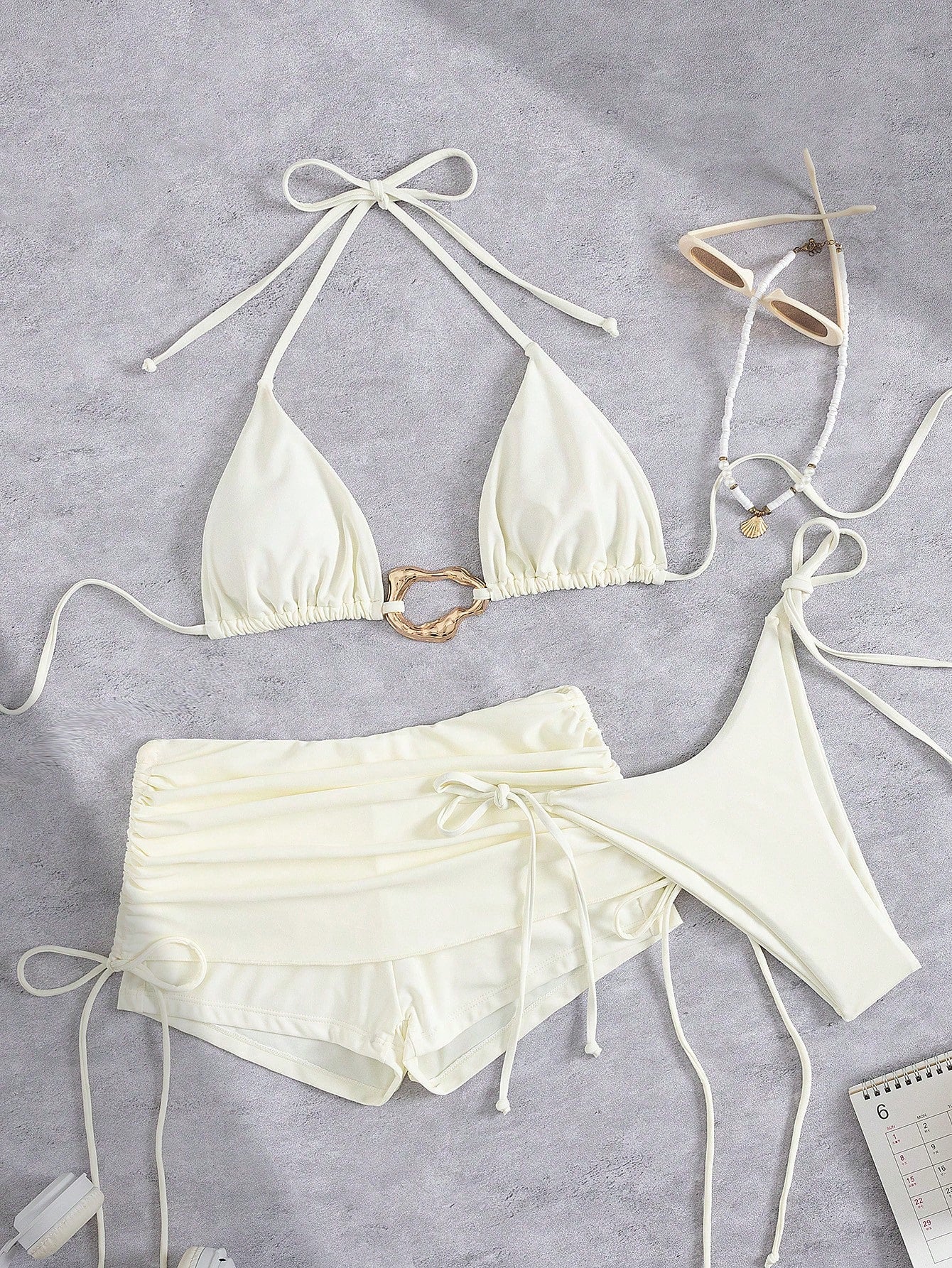 3pcs Solid Color Bikini Swimwear Set, Spaghetti Strap Halter Backless