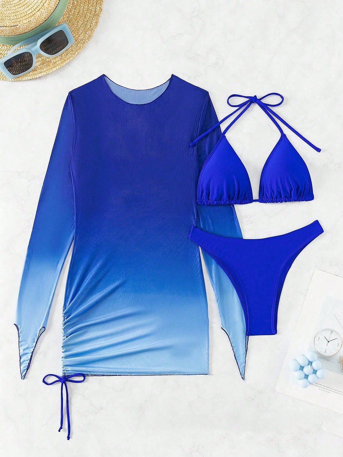 Swim SXY Summer Beach Knot Back Bikini Set With Ombre Beach Cover Up