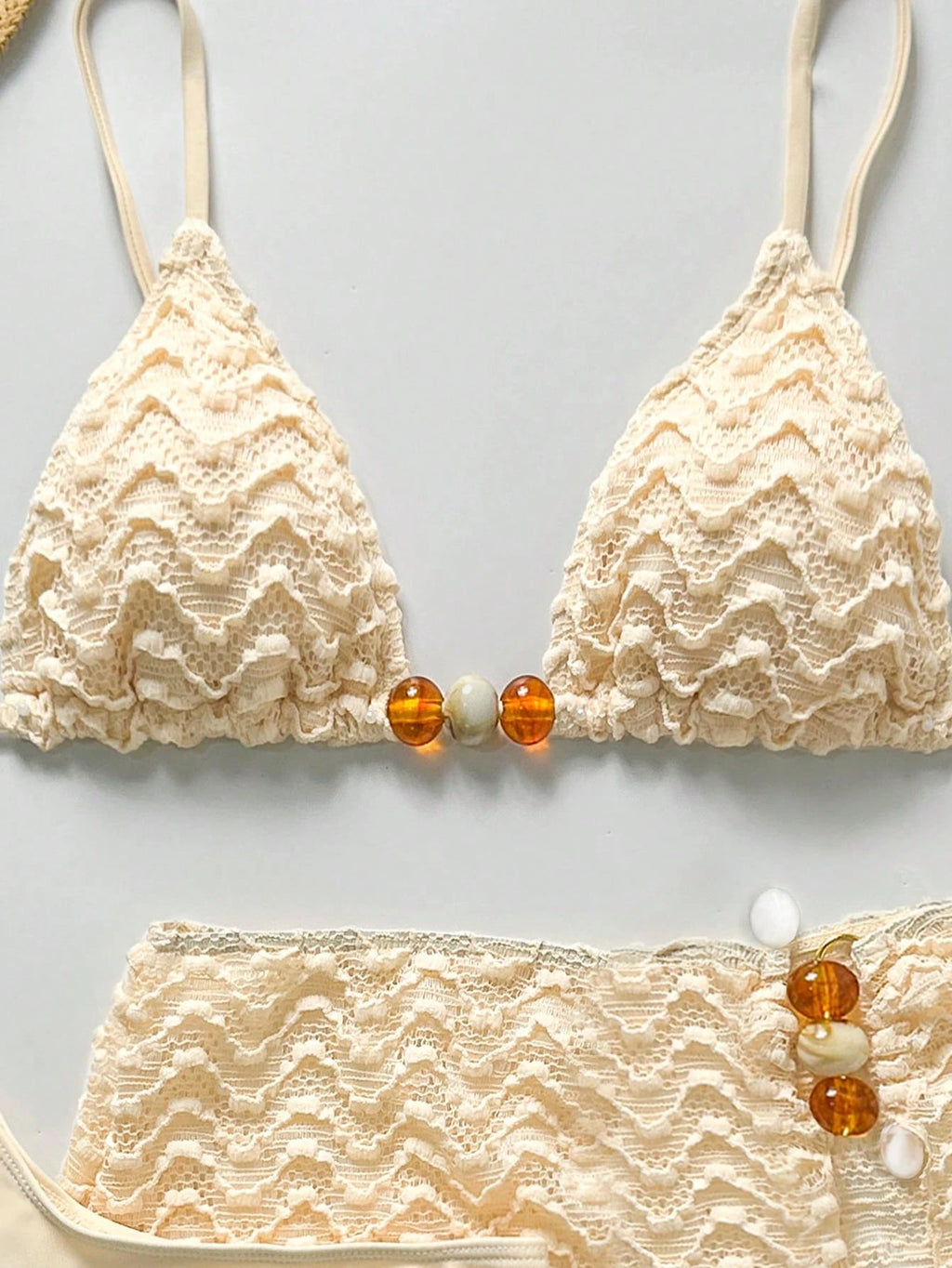 Bikinx 3pcs Women's Summer Wavy Backless Bikini Set, Including Beaded