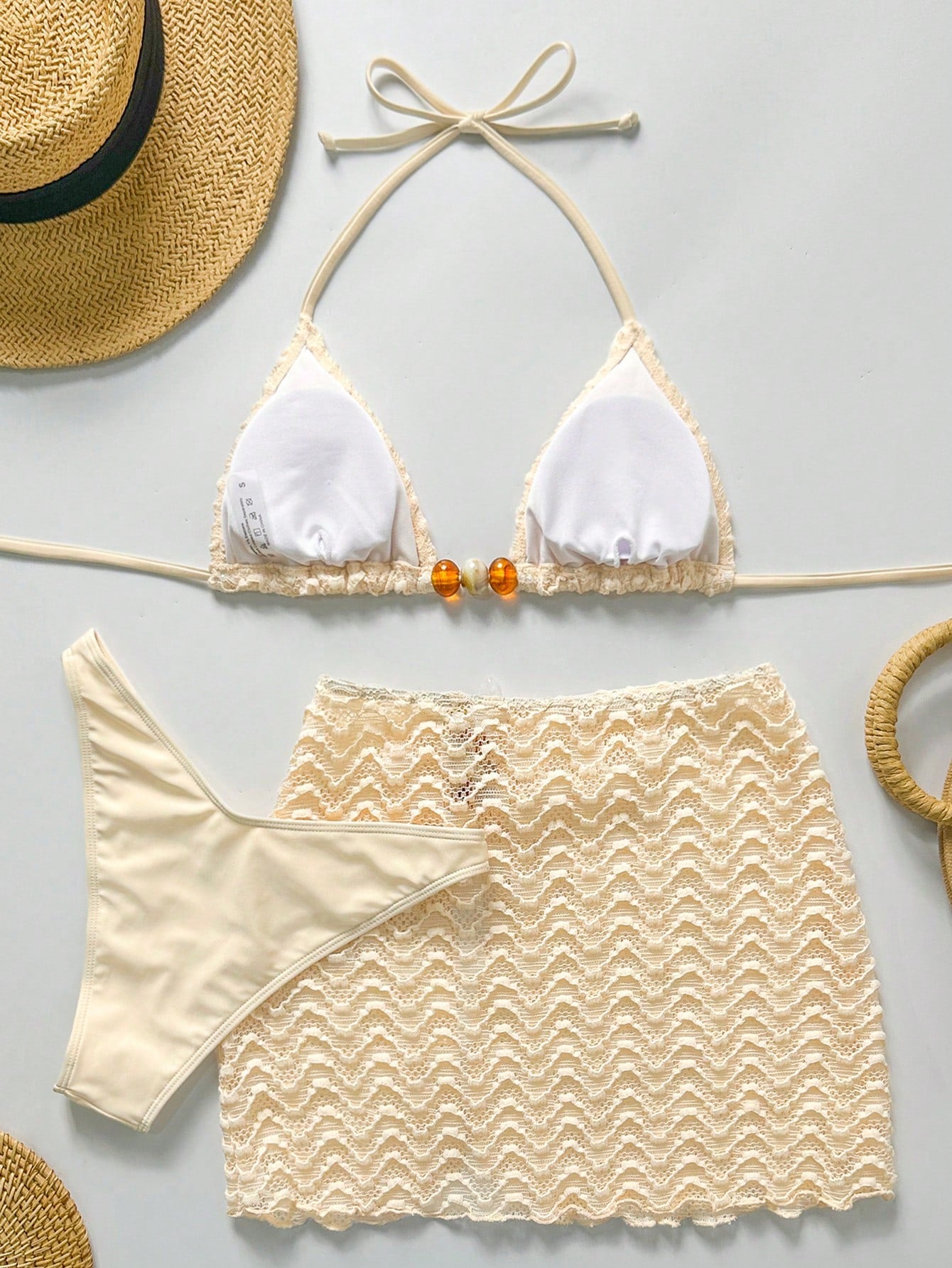 Bikinx 3pcs Women's Summer Wavy Backless Bikini Set, Including Beaded