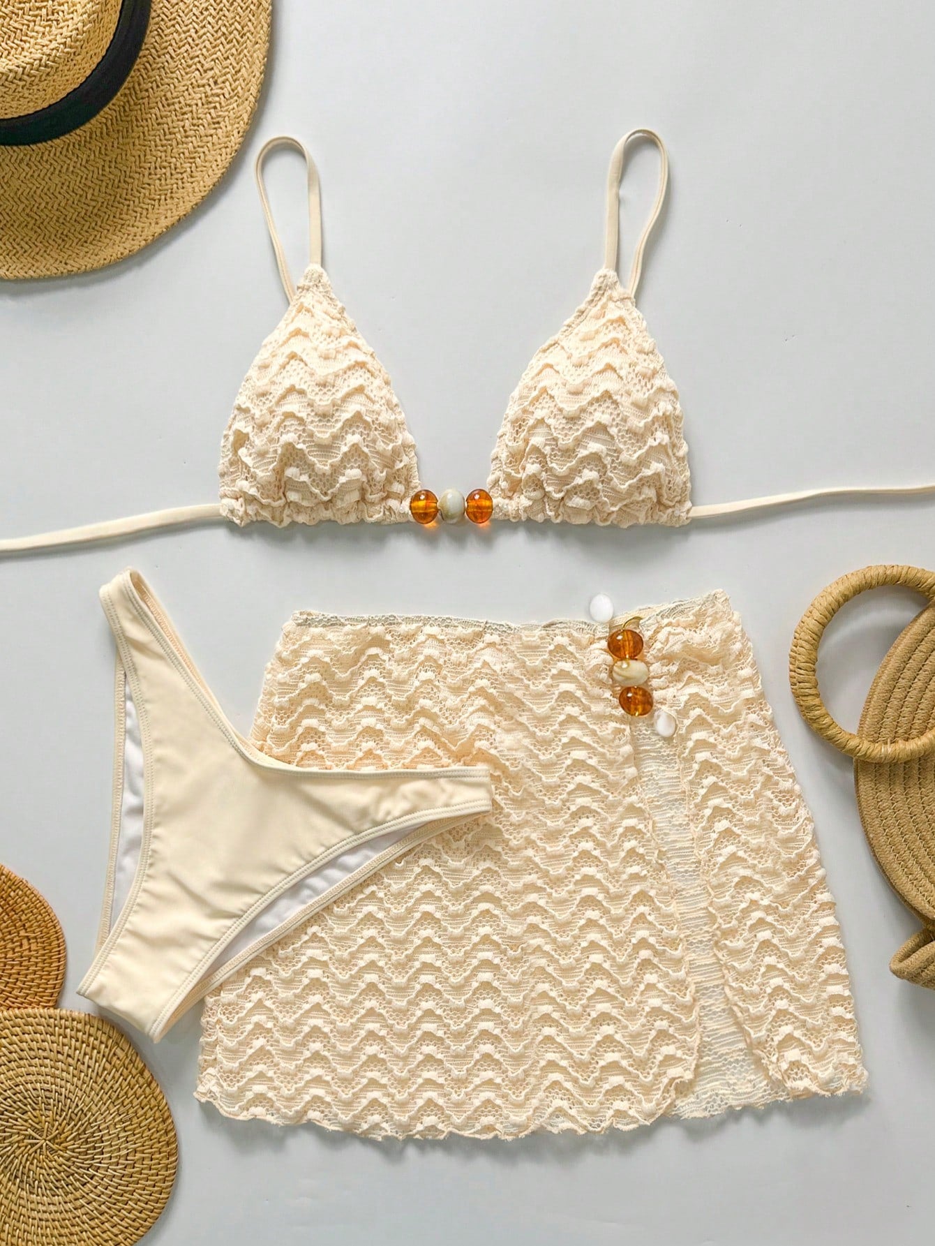 Bikinx 3pcs Women's Summer Wavy Backless Bikini Set, Including Beaded