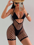 Swim SXY Women's Sexy Sleeveless Mesh Hollow Out Backless Jumpsuit, Black Backless Fashionable Vacation Sheer