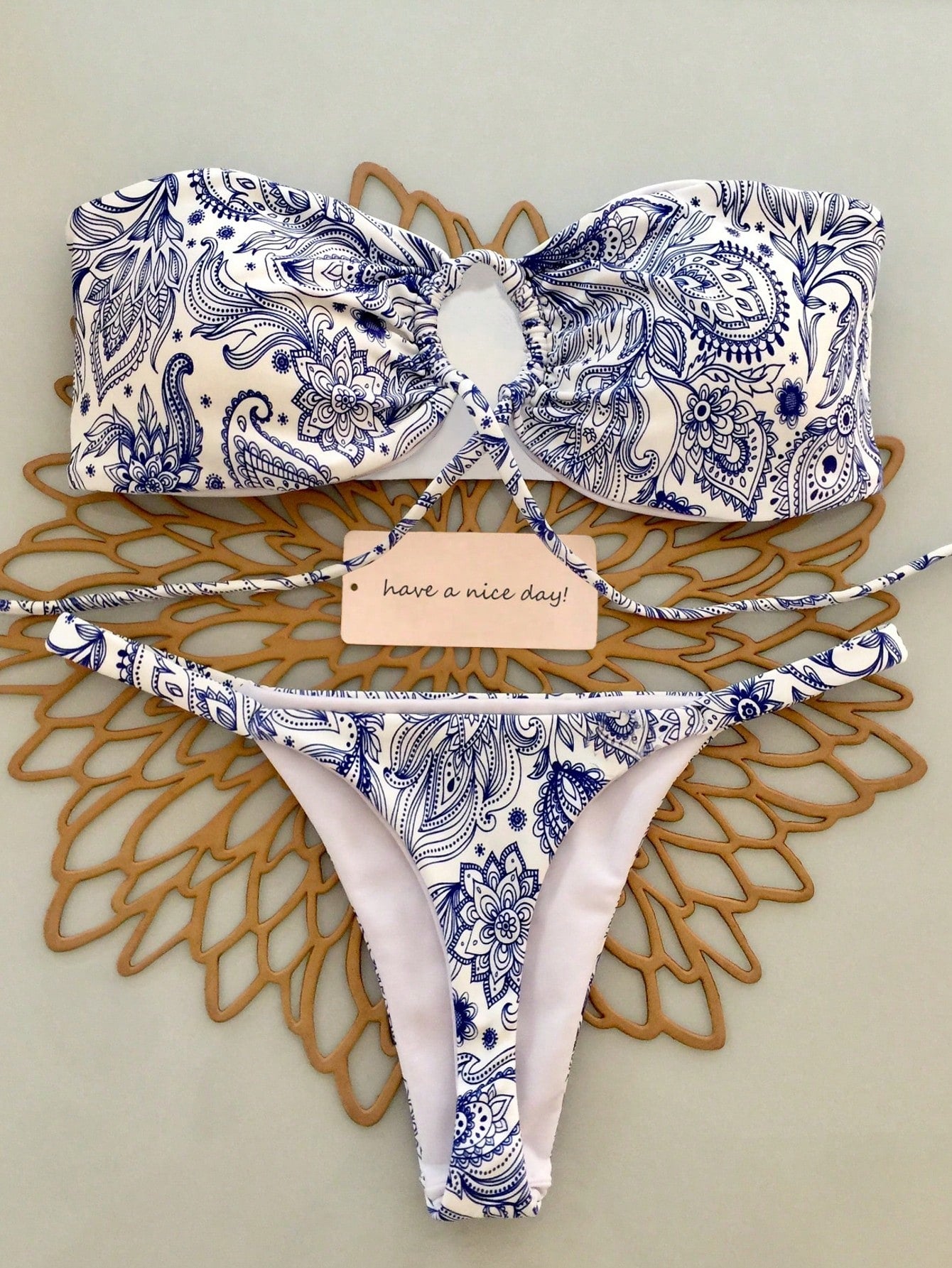 2pcs/Set Sexy Tied Bow Knot Allover Print One-Piece Swimwear & Bikini