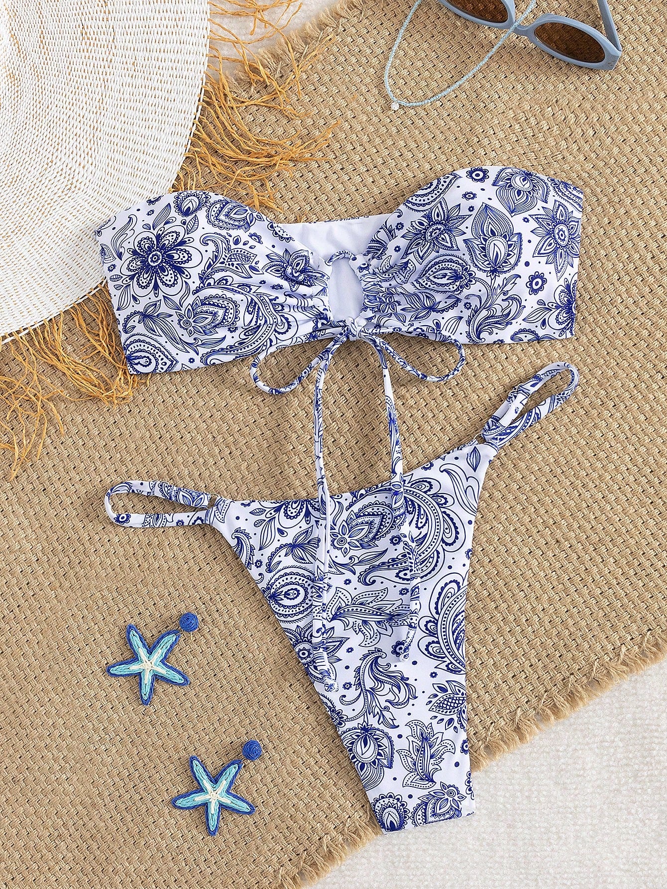 2pcs/Set Sexy Tied Bow Knot Allover Print One-Piece Swimwear & Bikini