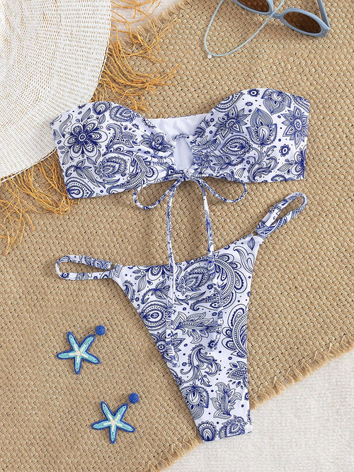 2pcs/Set Sexy Tied Bow Knot Allover Print One-Piece Swimwear & Bikini