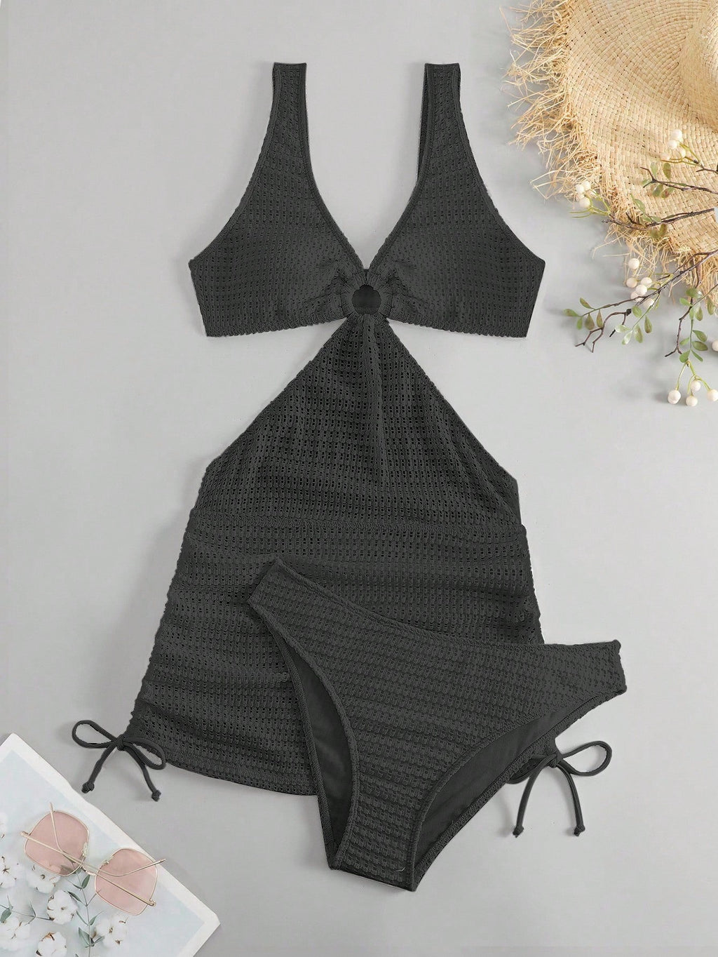 Swim Vcay Women's Solid Color Hollow Out Vacation Style Bikini Set