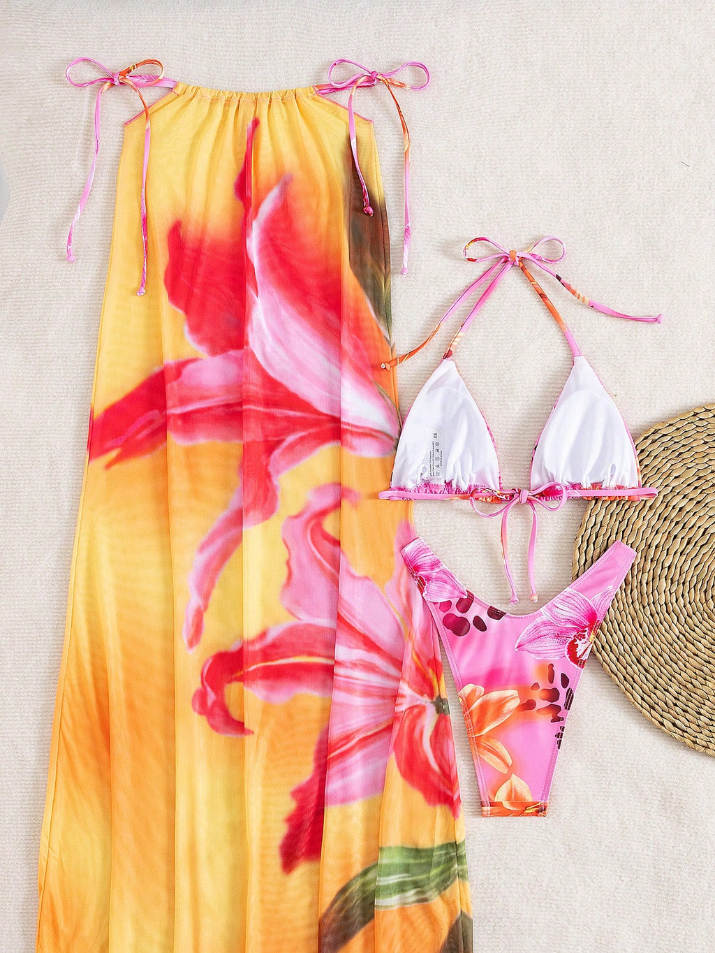3pcs/Set Women's Halter Floral Print Skirt And Bikini Swimsuit Set, Summer Vacat