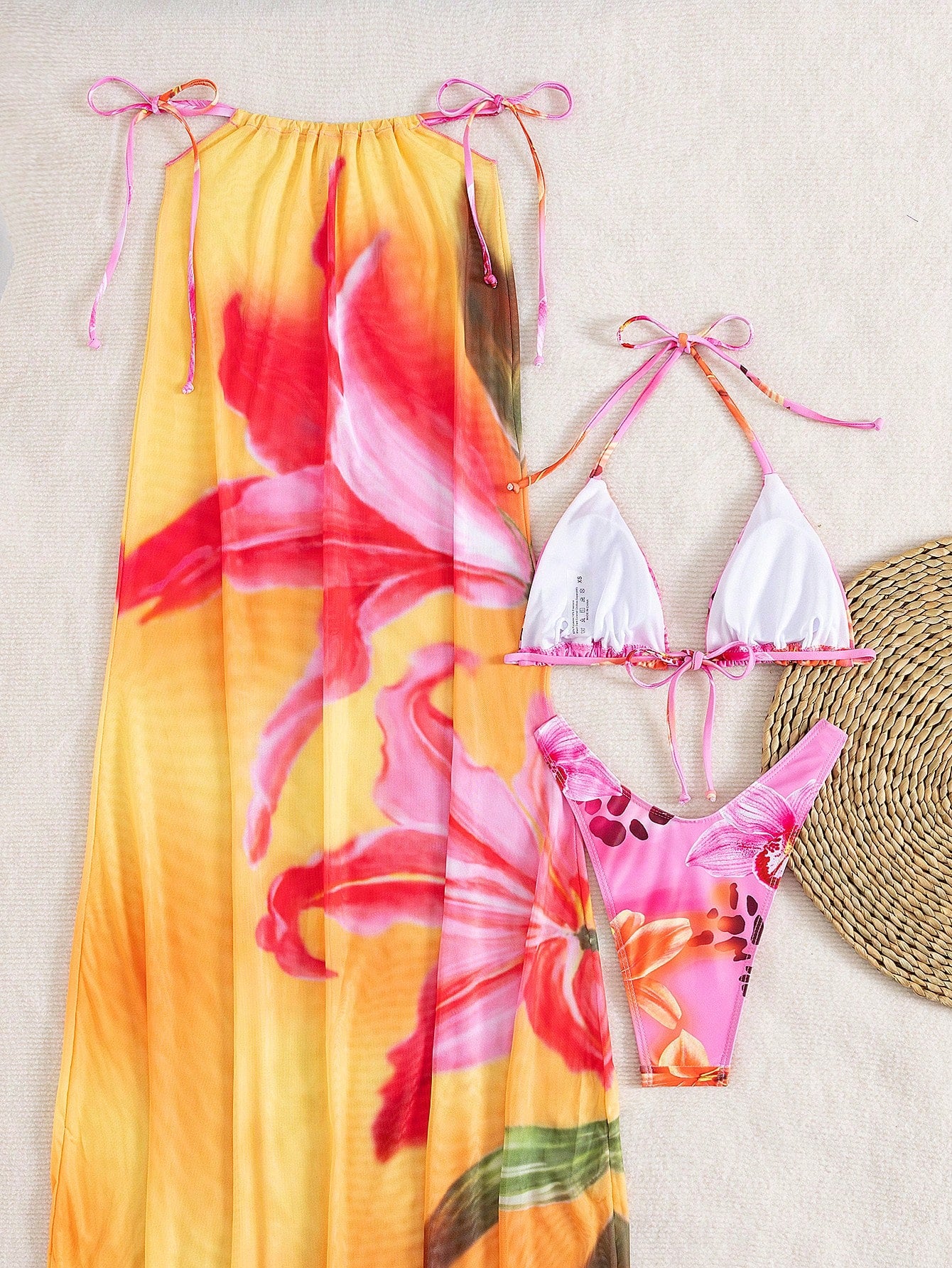 3pcs/Set Women's Halter Floral Print Skirt And Bikini Swimsuit Set, Summer Vacat