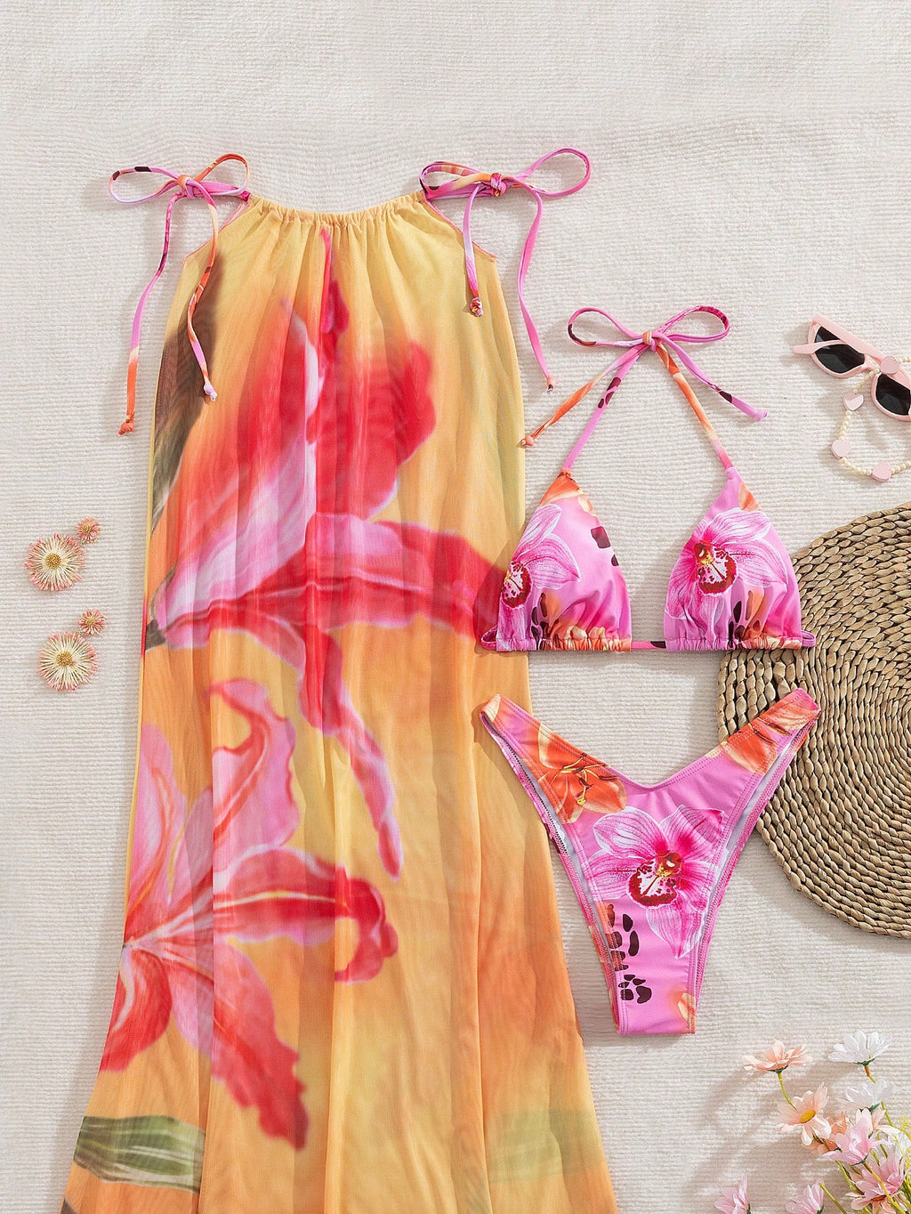 3pcs/Set Women's Halter Floral Print Skirt And Bikini Swimsuit Set, Summer Vacat