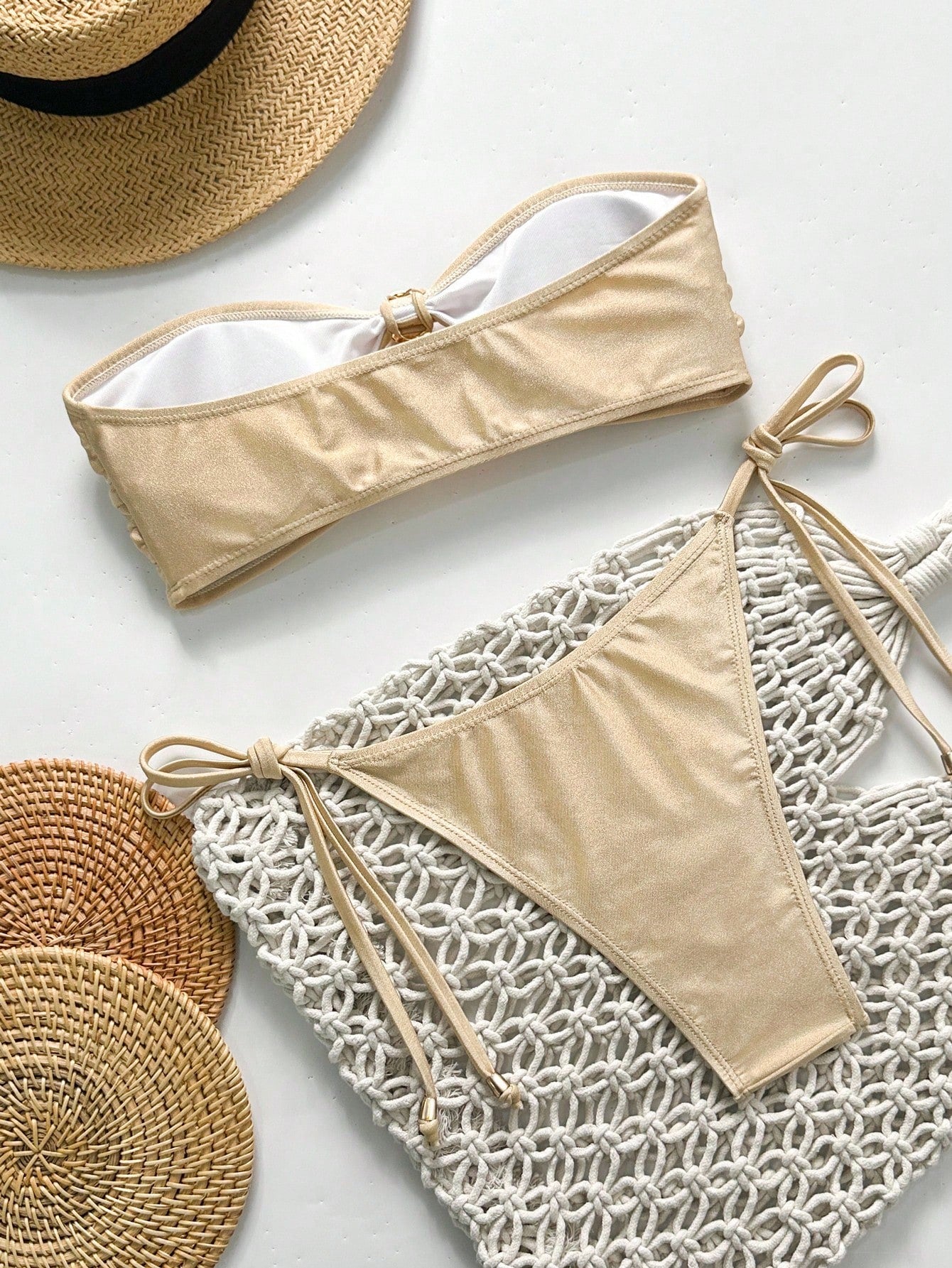Swim Chiccia Champagne & Apricot Color Metallic Sheen Fabric Elegant Strapless Crop Top & Bikini Set For - image 2