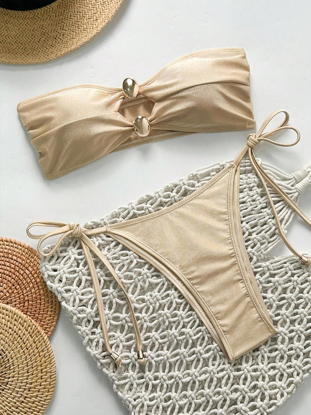 Swim Chiccia Champagne & Apricot Color Metallic Sheen Fabric Elegant Strapless Crop Top & Bikini Set For - image 4