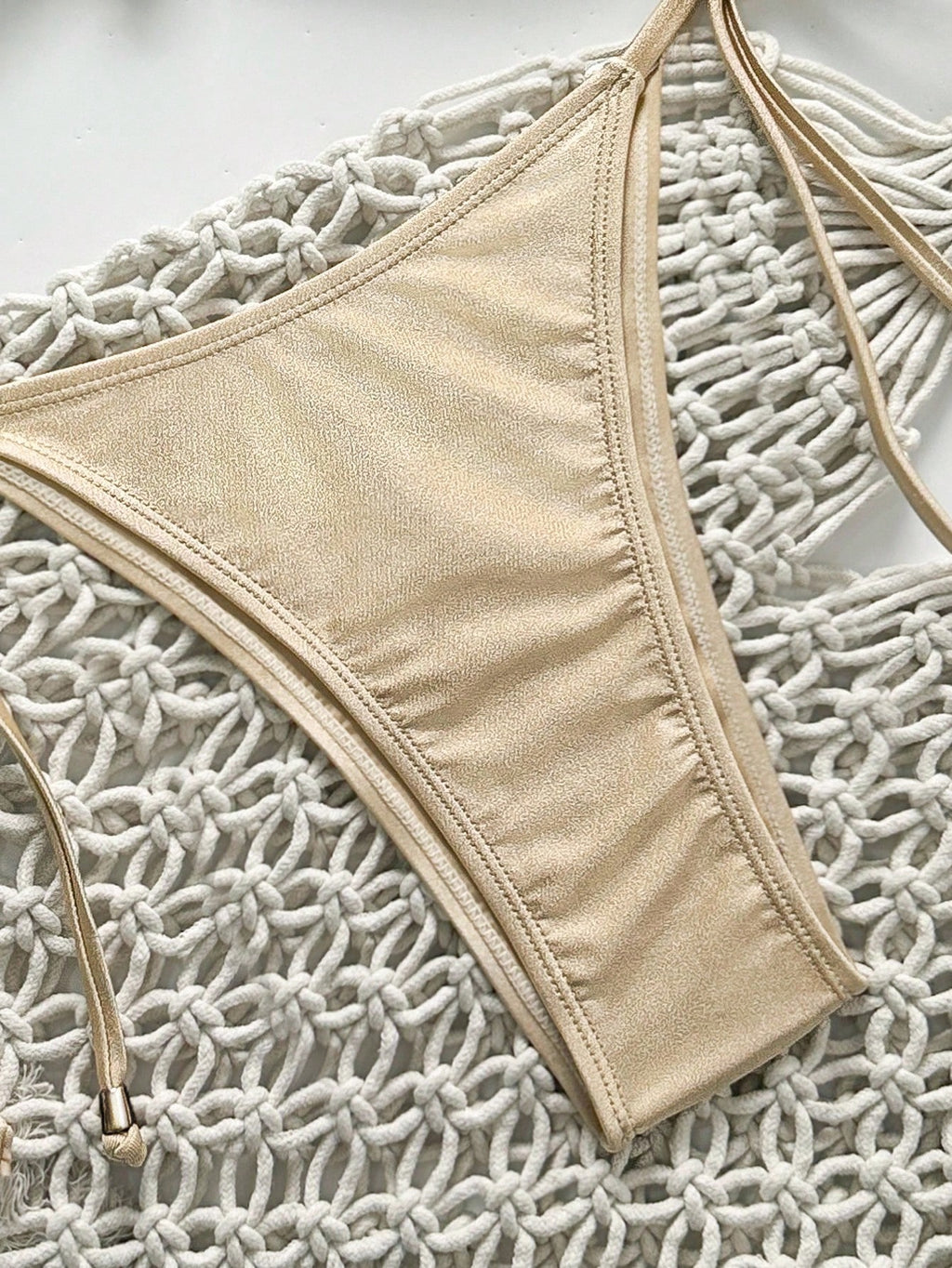 Swim Chiccia Champagne & Apricot Color Metallic Sheen Fabric Elegant Strapless Crop Top & Bikini Set For - image 5