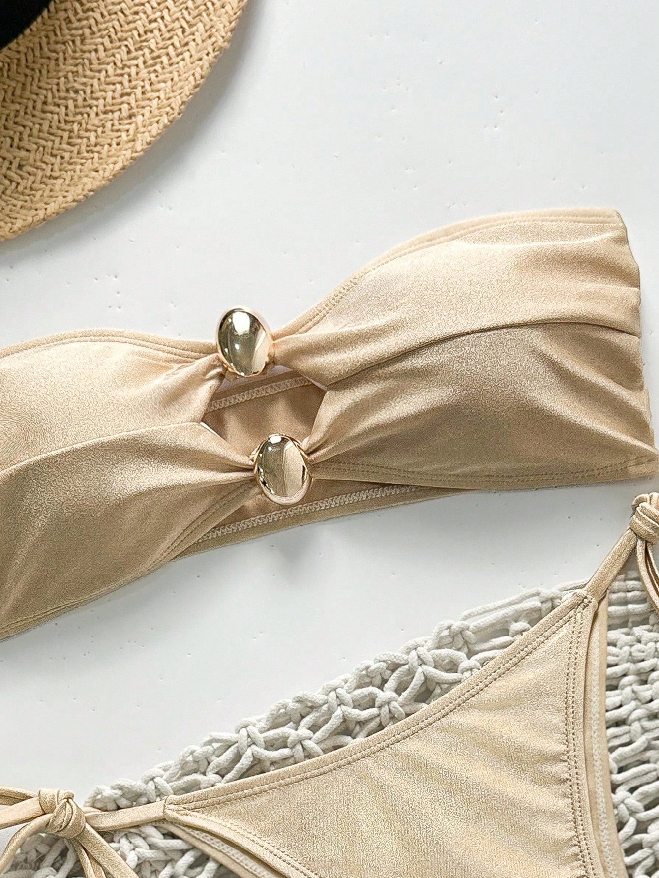 Swim Chiccia Champagne & Apricot Color Metallic Sheen Fabric Elegant Strapless Crop Top & Bikini Set For - image 6