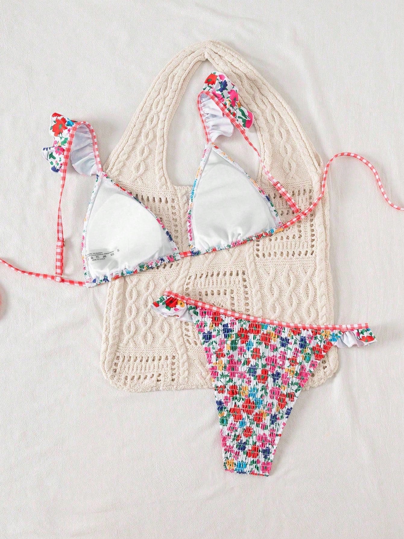 Swim Mod Women's Minimalist Triangle Bikini Set With Floral Beach Print For Summer Beach Vacation - image 7