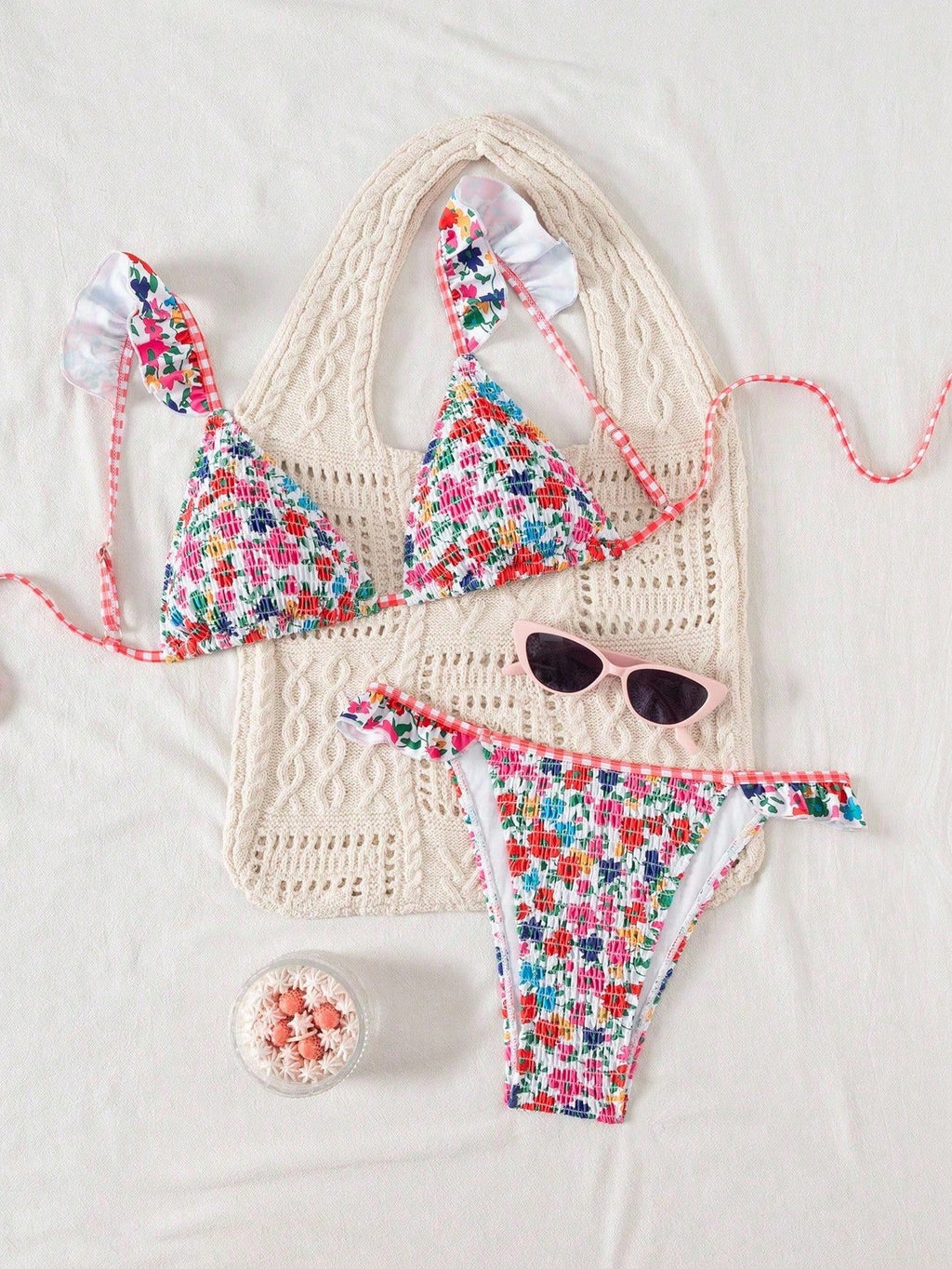 Swim Mod Women's Minimalist Triangle Bikini Set With Floral Beach Print For Summer Beach Vacation - image 8