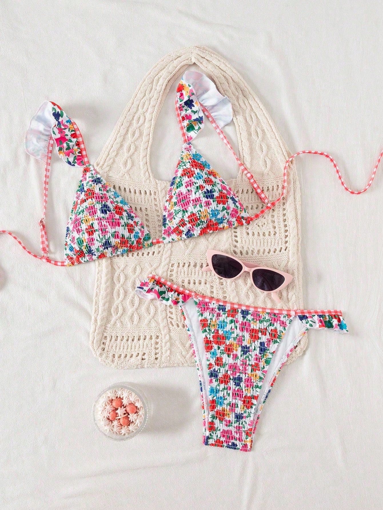 Swim Mod Women's Minimalist Triangle Bikini Set With Floral Beach Print For Summer Beach Vacation - image 8